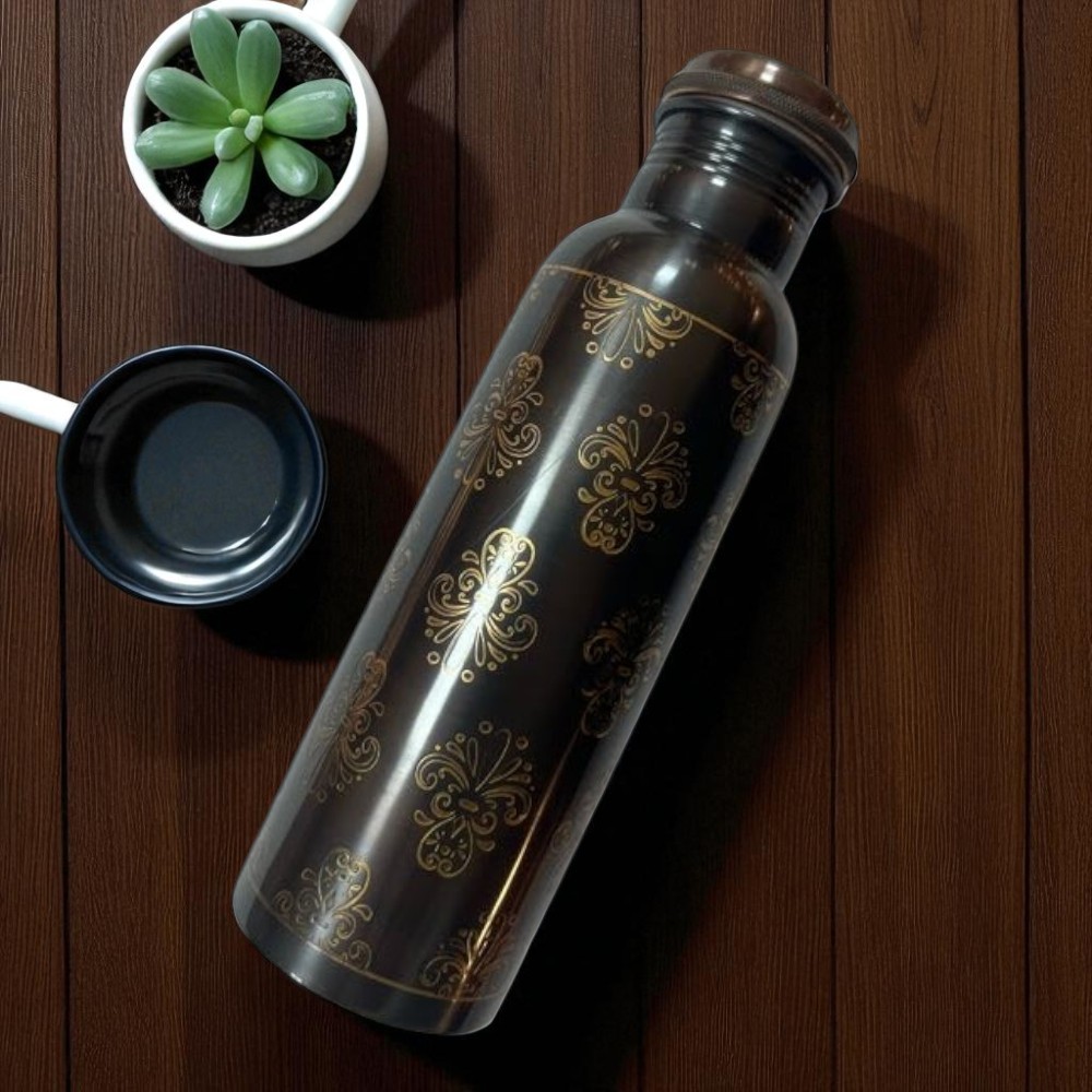 Black Embossed Copper Water bottle with Lacquer Coating