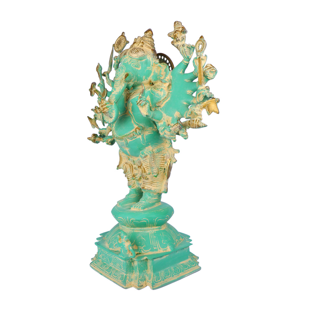 23" Handcrafted Sixteen-Armed Vira-Ganesha Brass Sculpture | Traditional Indian Masterpiece 