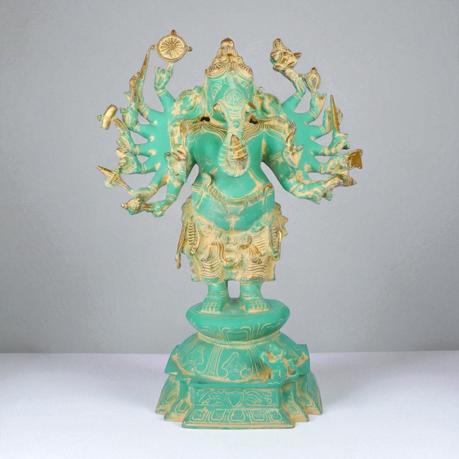 23" Handcrafted Sixteen-Armed Vira-Ganesha Brass Sculpture | Traditional Indian Masterpiece