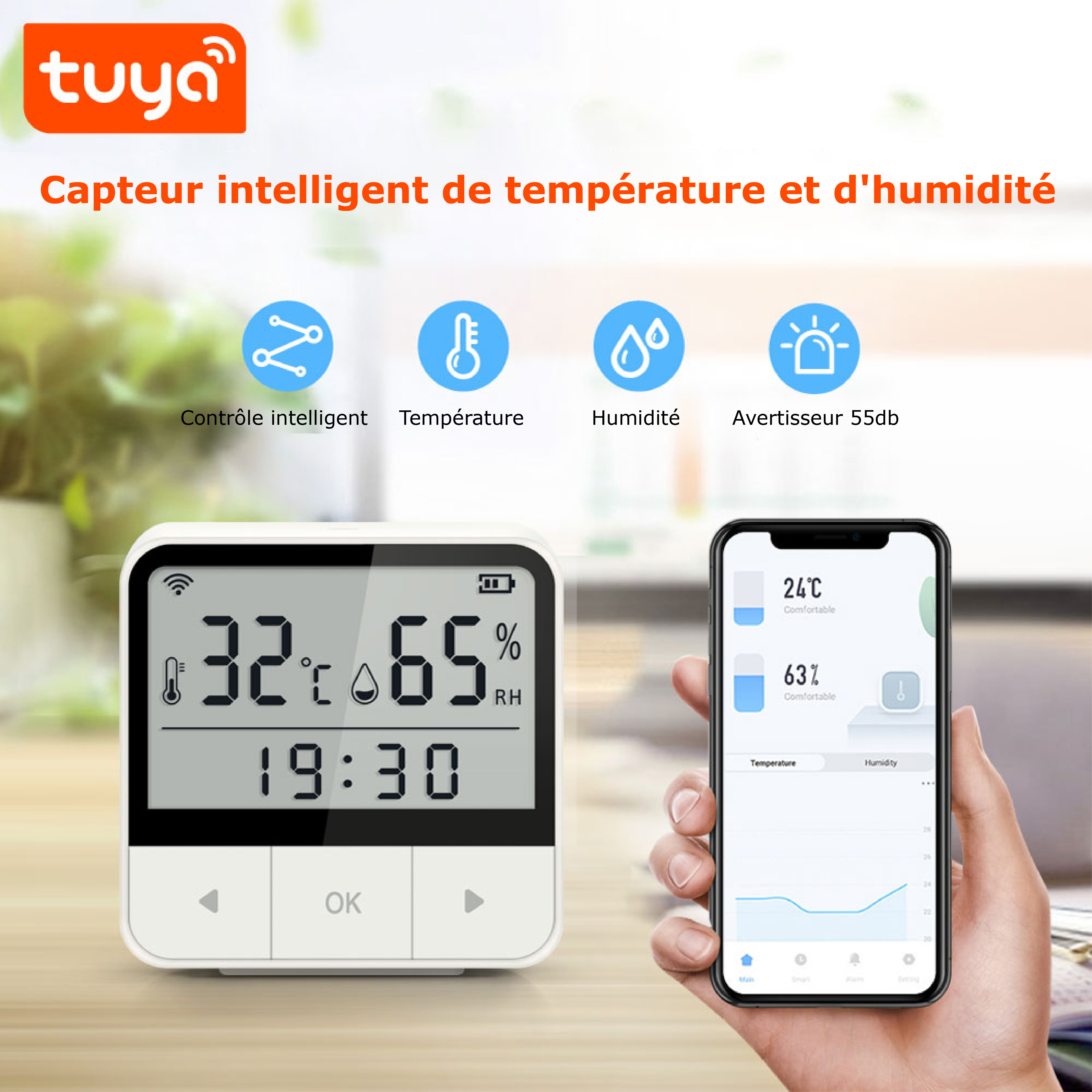 Horloge intelligente Tuya équipée d'un capteur de température et d'un capteur d'humidité