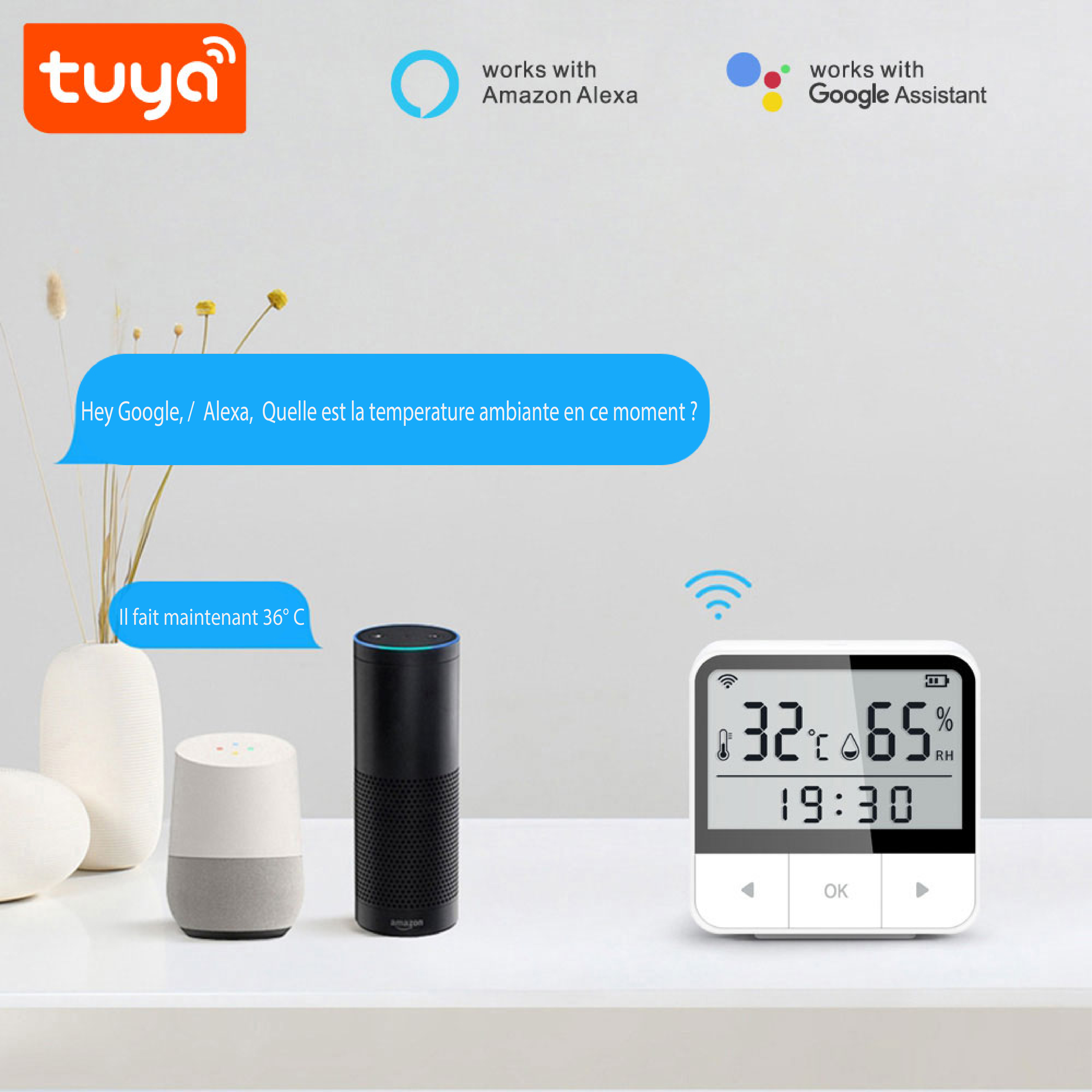 Horloge intelligente Tuya équipée d'un capteur de température et d'un capteur d'humidité