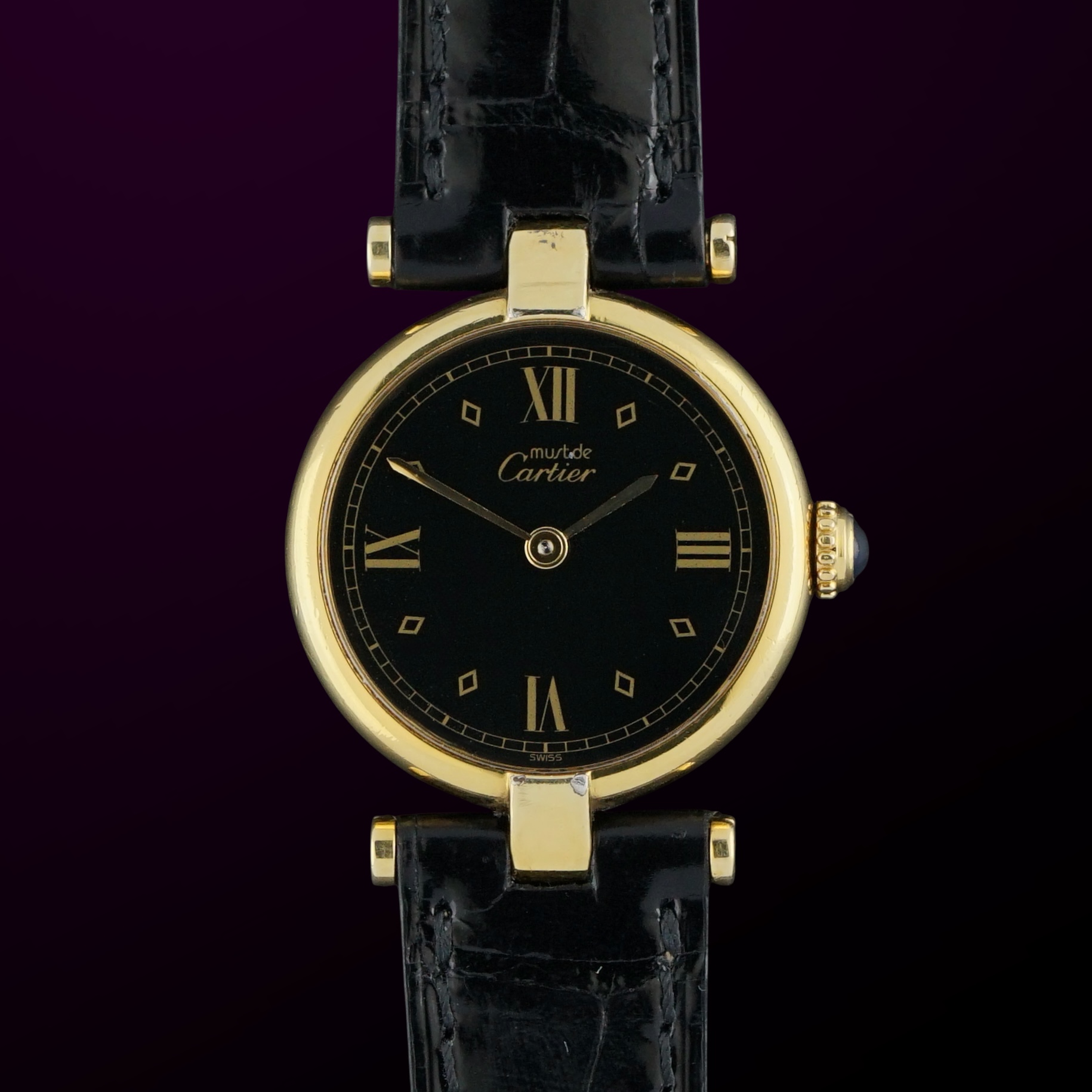 Vintage Cartier Vendome Vermeil SM Black dial Quartz 590004 - 24mm - 1990s