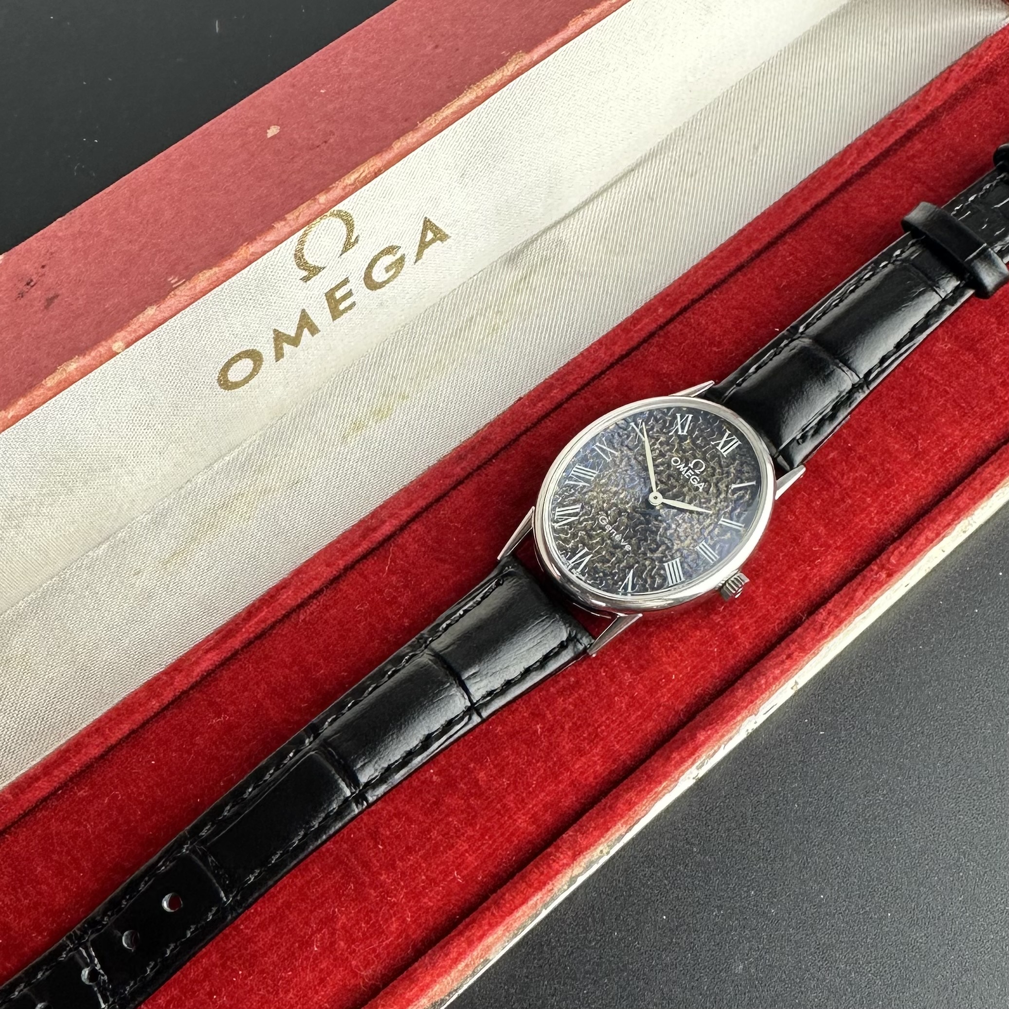 Vintage Omega Genève Ellipse Tropical Floral White Gold Plated 511.416 - 27mm - 1973 + Box