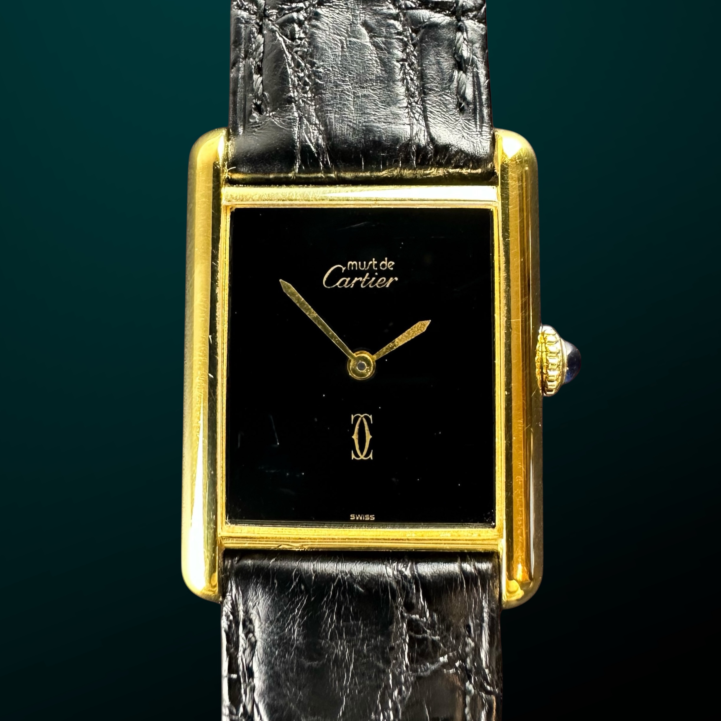 Vintage Cartier Tank Vermeil LM Large Manual Wind Black dial - 23,5mm - 1990s with Card
