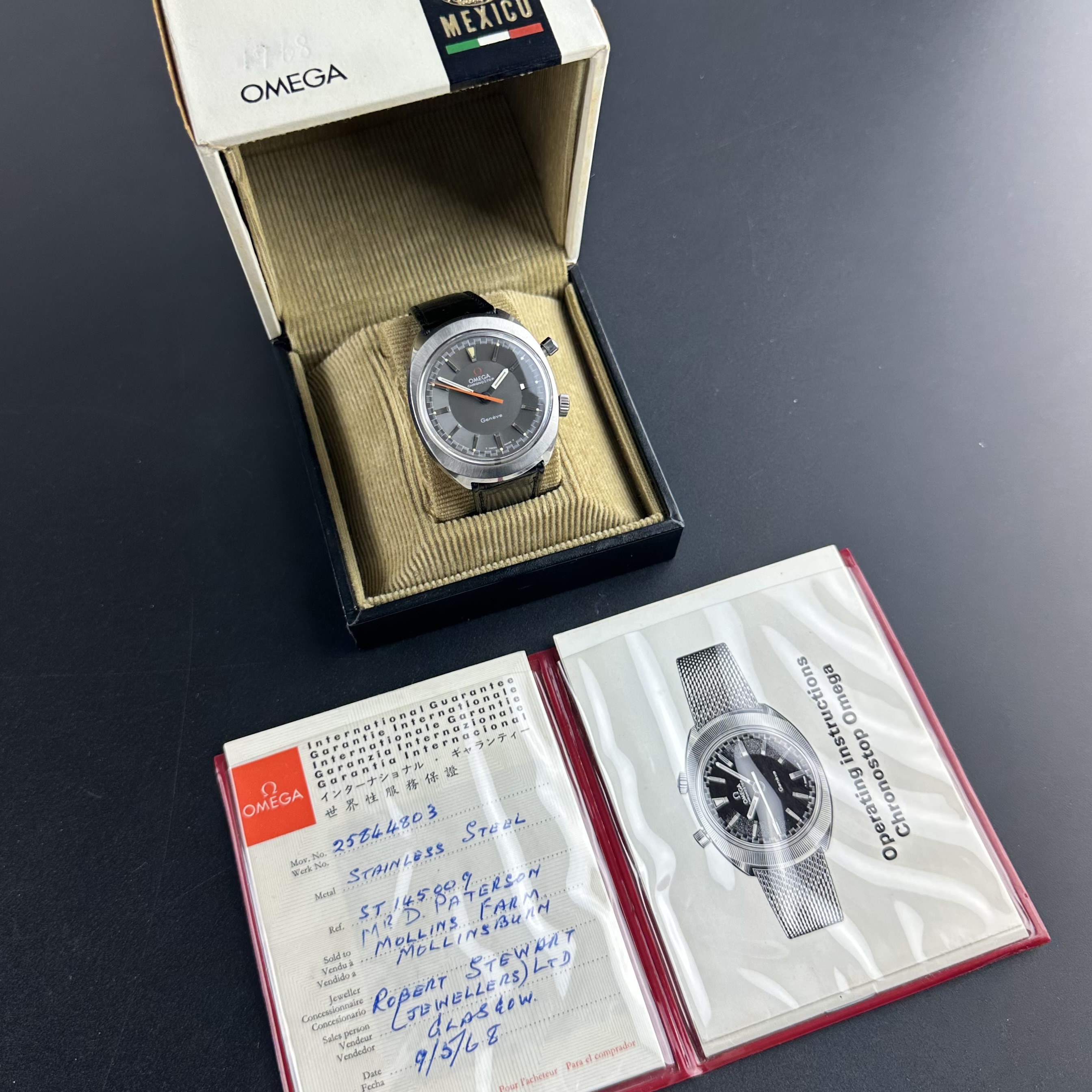 Vintage Omega Genève Chronostop Mexico Olympics Edition 145.009 - 35mm - 1968 Box and Papers