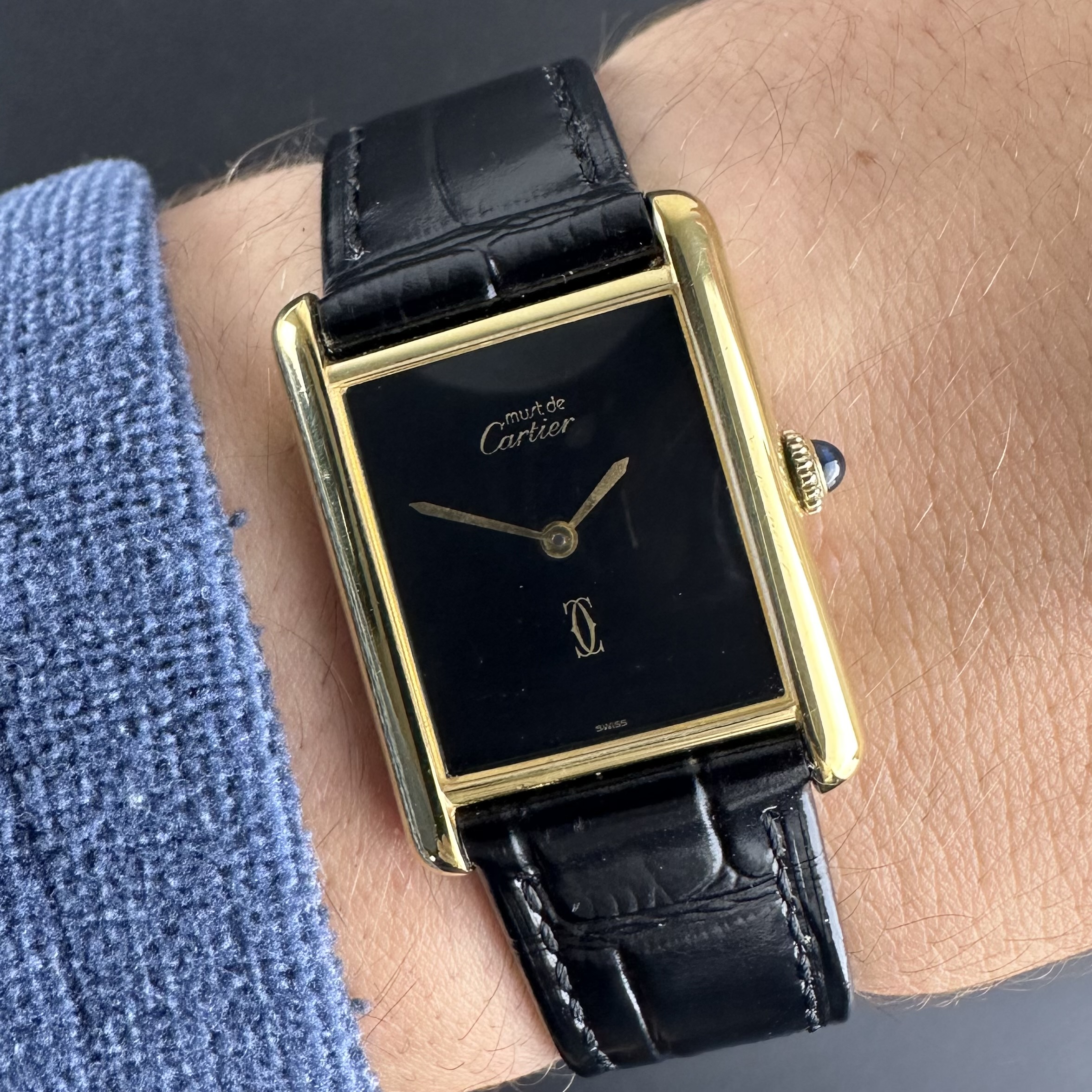 Vintage Cartier Tank Vermeil LM Large Manual Wind Black dial - 23,5mm - 1990s with Card