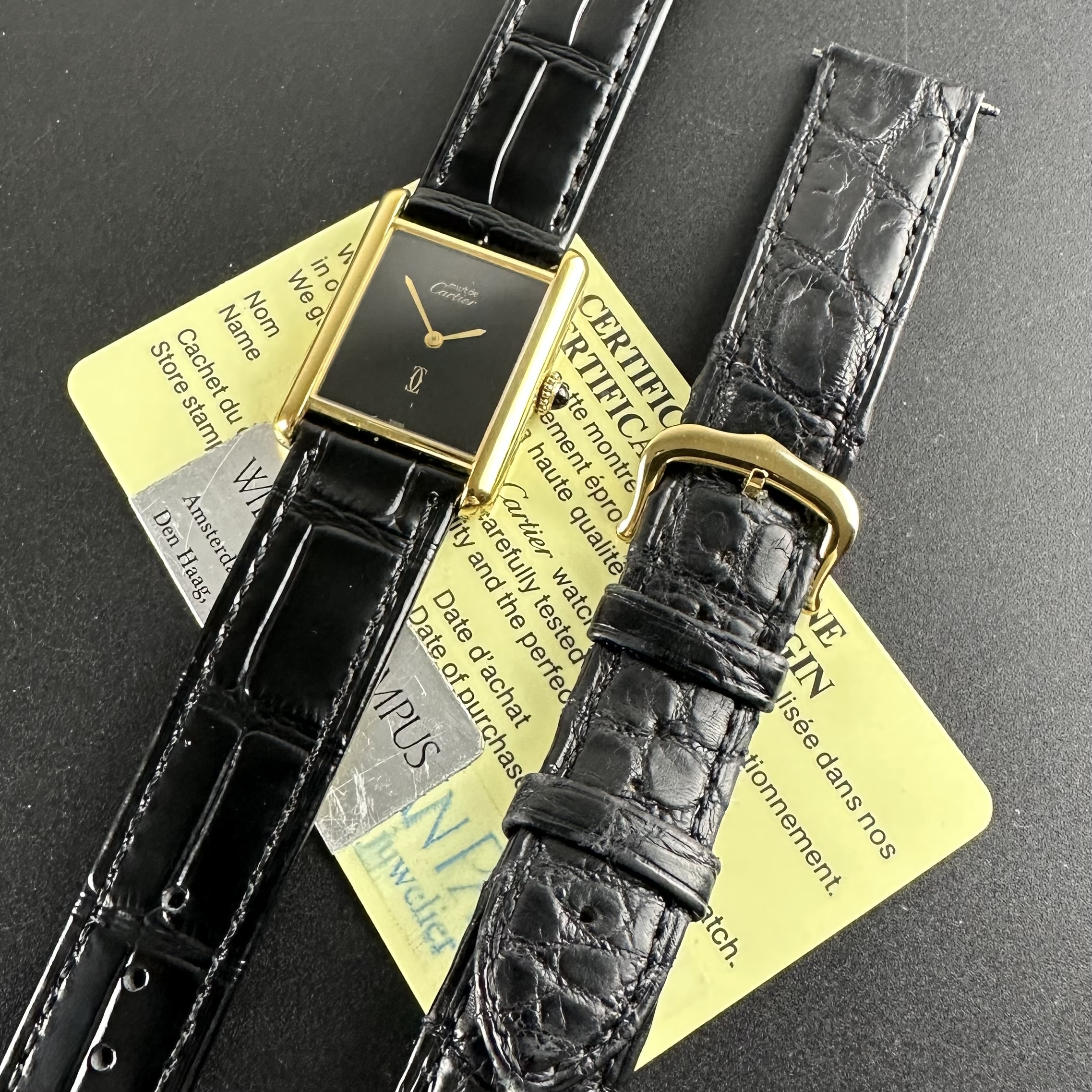 Vintage Cartier Tank Vermeil LM Large Manual Wind Black dial - 23,5mm - 1990s with Card
