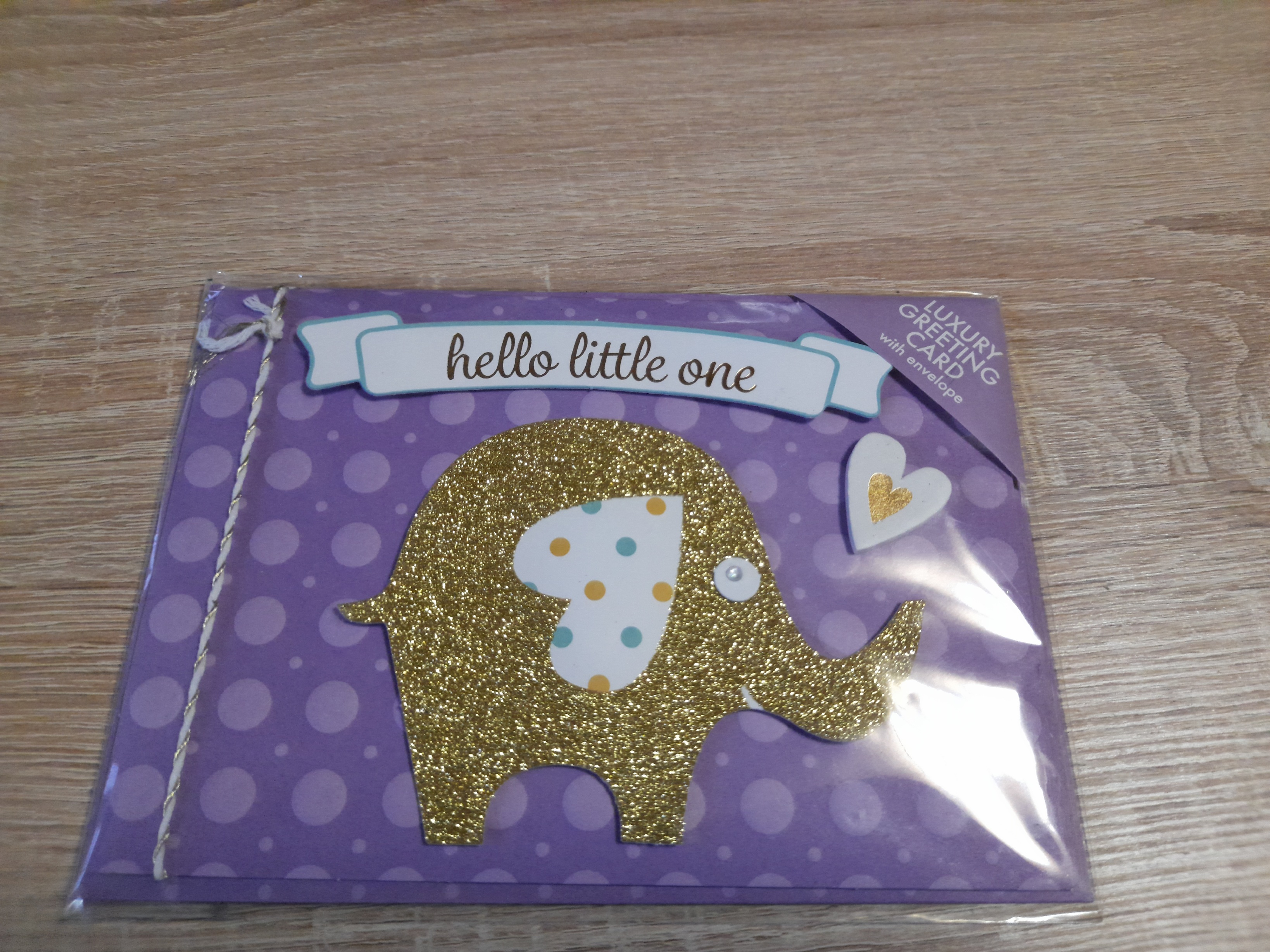 Baby Shower sveikinimo atvirukas su blizgančiu dramblio vokeliu, 10 x 18 cm, violetinė