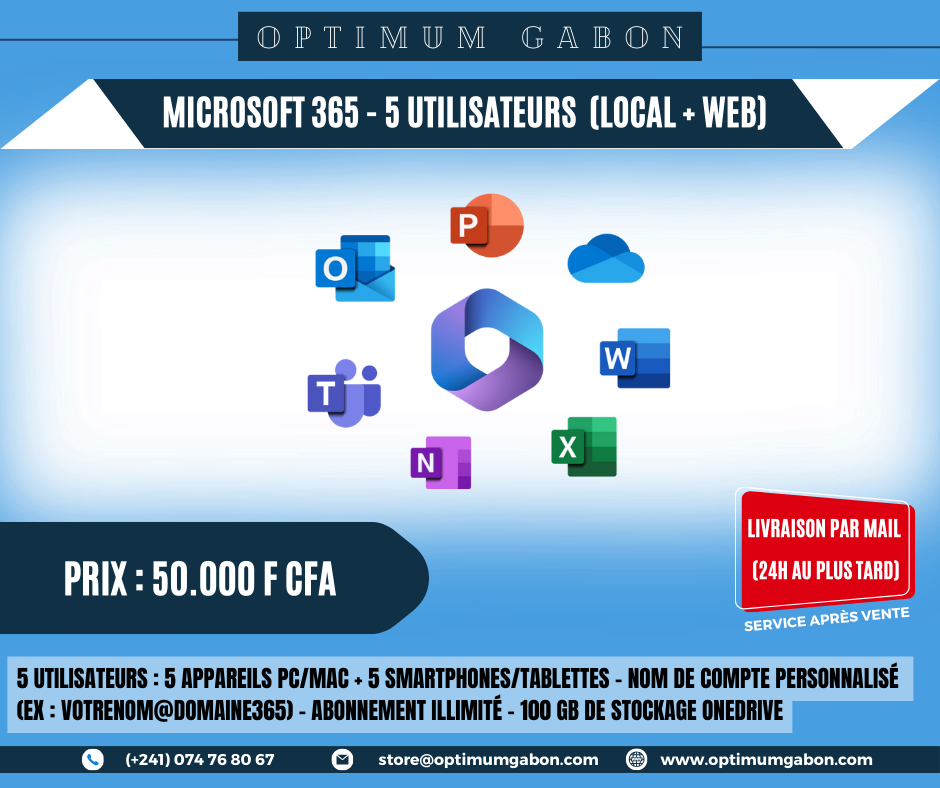 MICROSOFT 365 (1 à 5 utilisateurs) - Compte personnalisé - 100 GB de stockage OneDrive