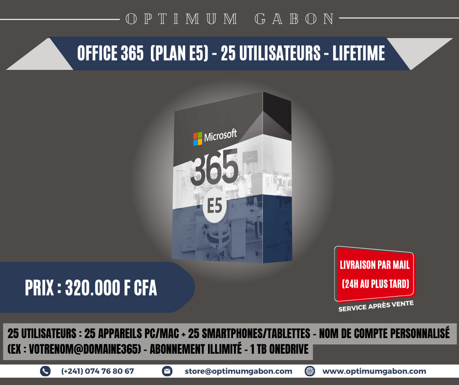 MICROSOFT 365 (25 utilisateurs) - Compte personnalisé - Plan E5 - Abonnement Lifetime