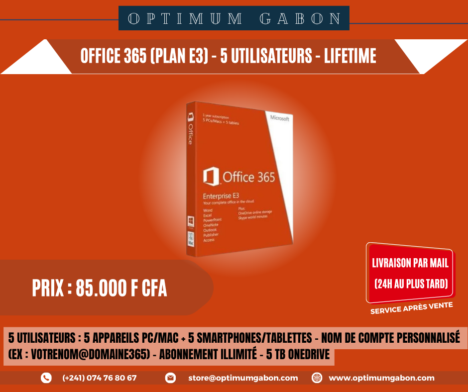 MICROSOFT 365 (5 utilisateurs) - Compte personnalisé - Plan E3 - Abonnement Lifetime