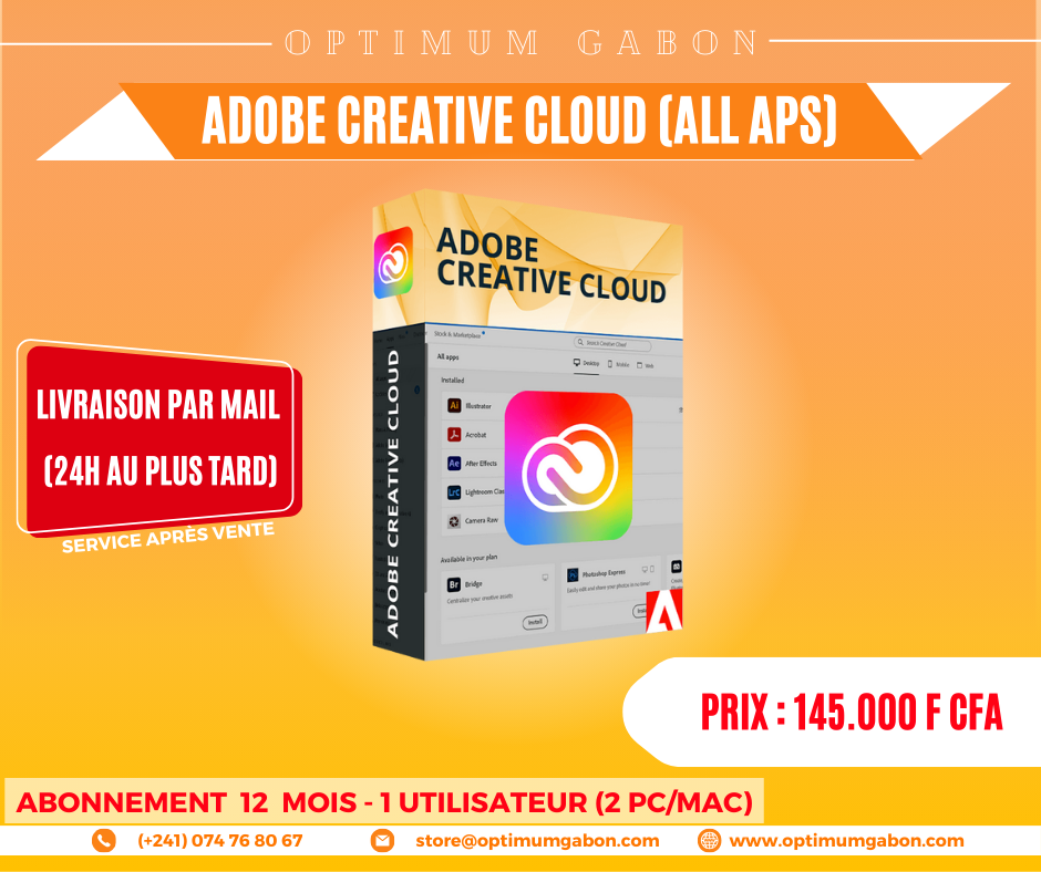 Adobe Creative Cloud (All Apps) - Abonnement annuel - 1 Utilisateur (2 PC/MAC)