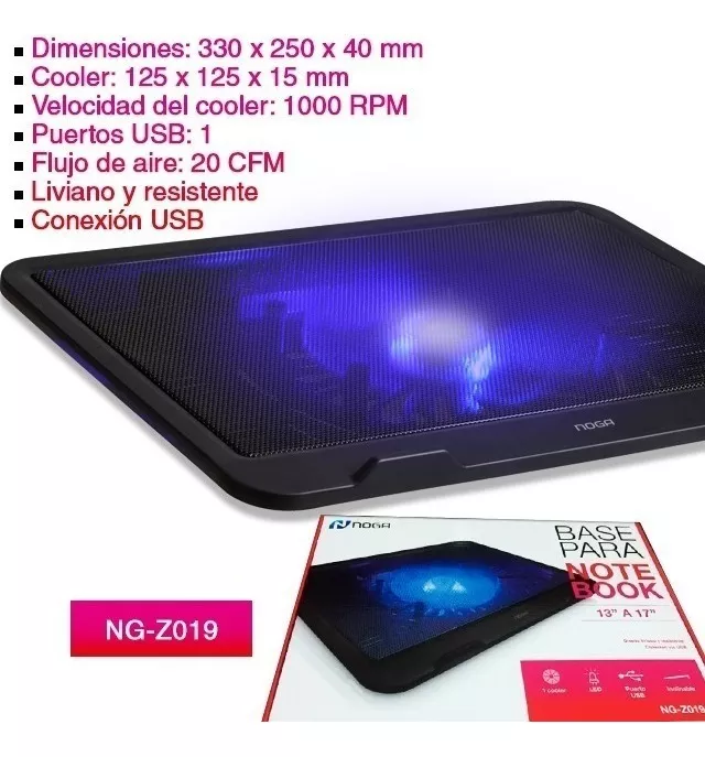 Base Para Notebook 13 A 17 Noga Ng-z019 Color Negro y LED Cooler Azul