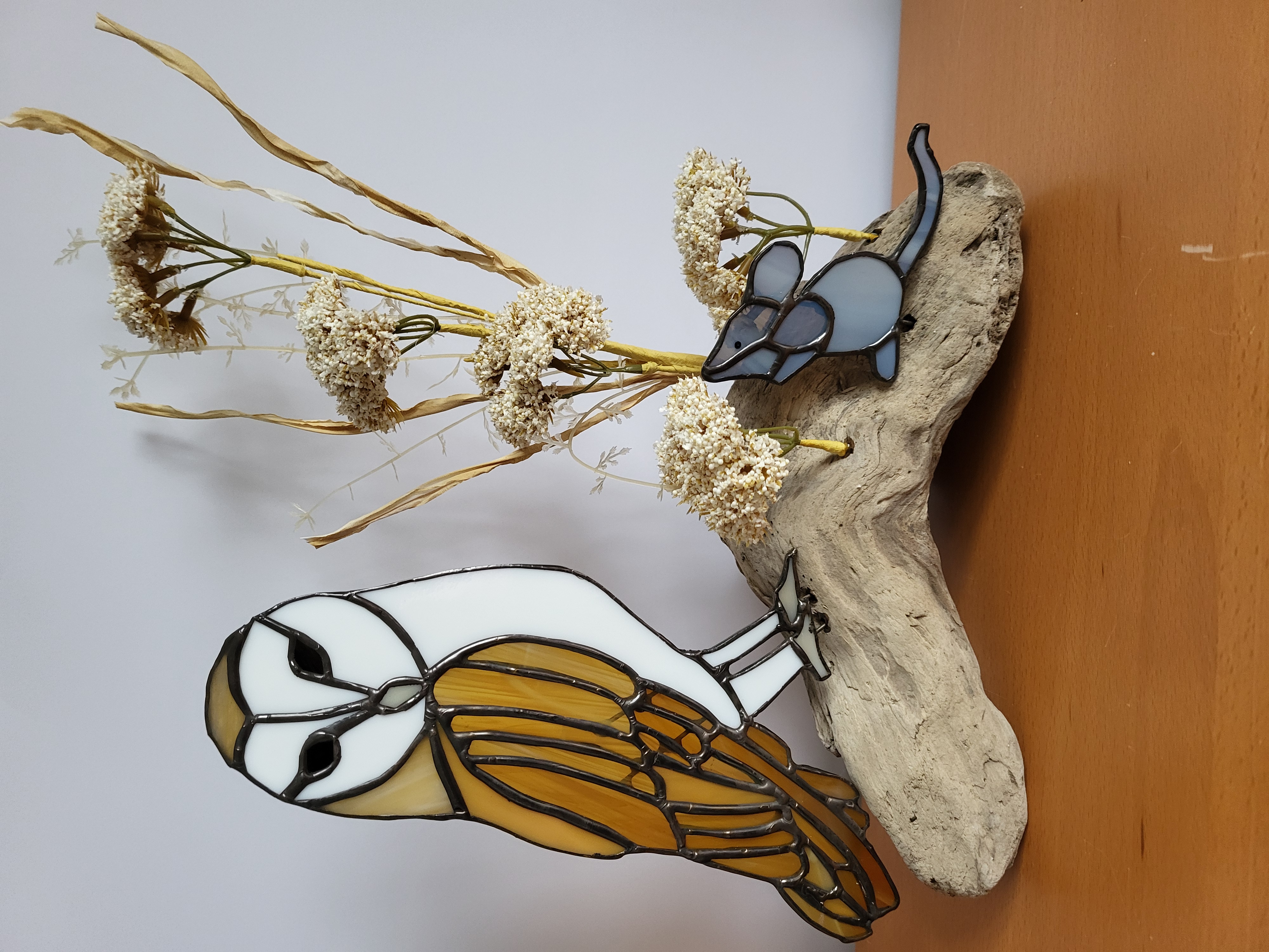 Stained Glass Barn Owl and Mouse on driftwood