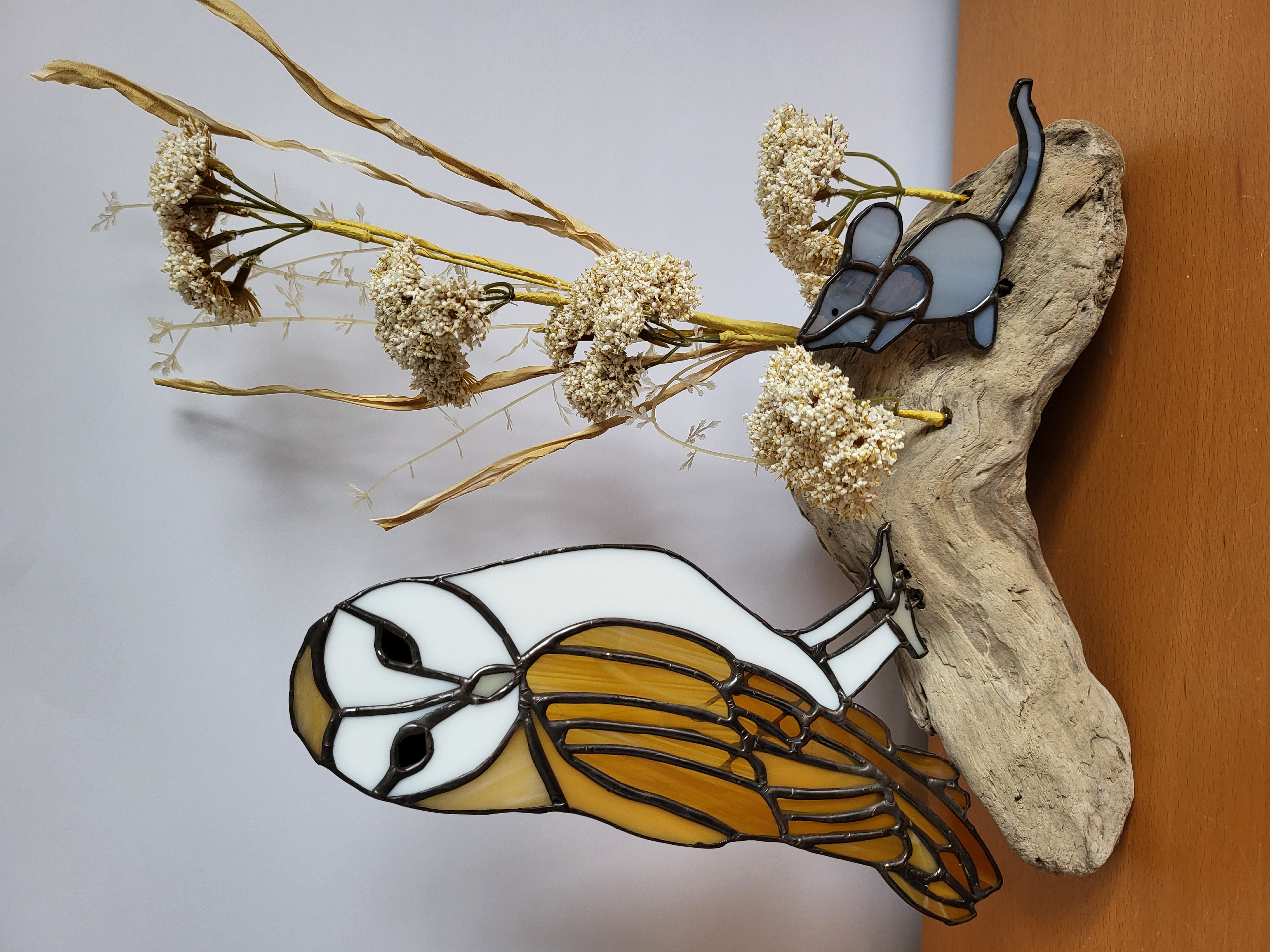 Stained Glass Barn Owl and Mouse on driftwood
