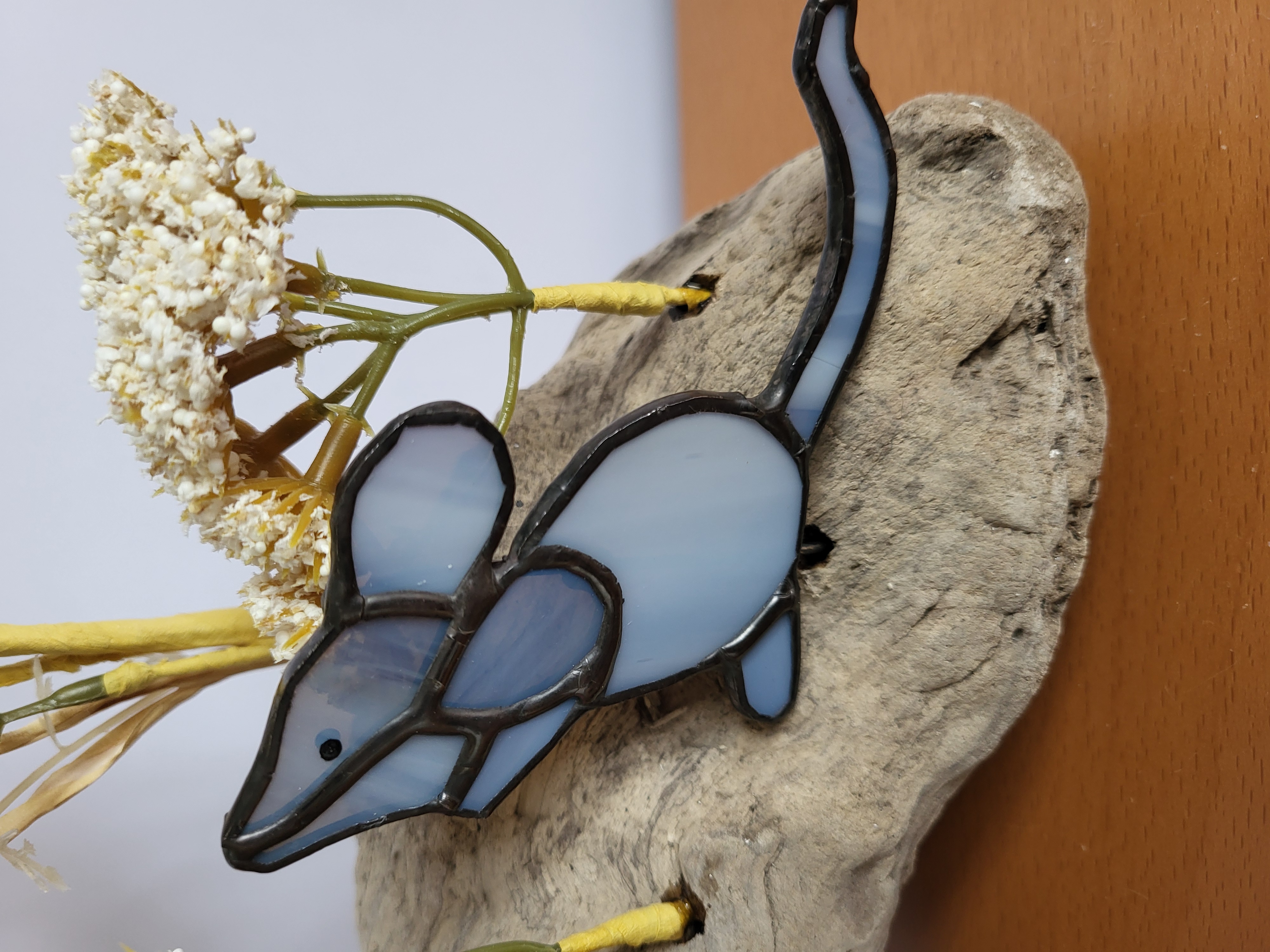 Stained Glass Barn Owl and Mouse on driftwood