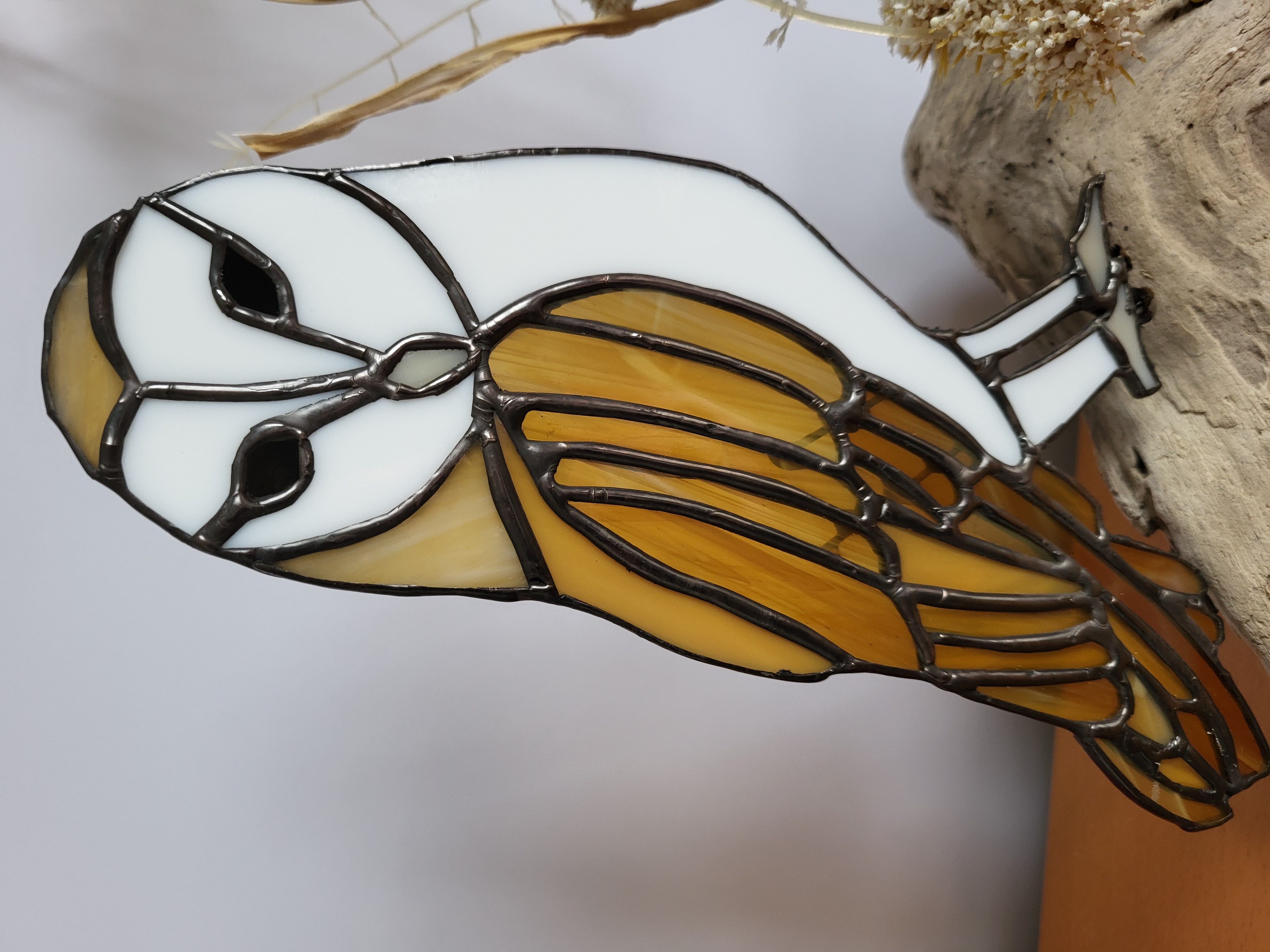 Stained Glass Barn Owl and Mouse on driftwood