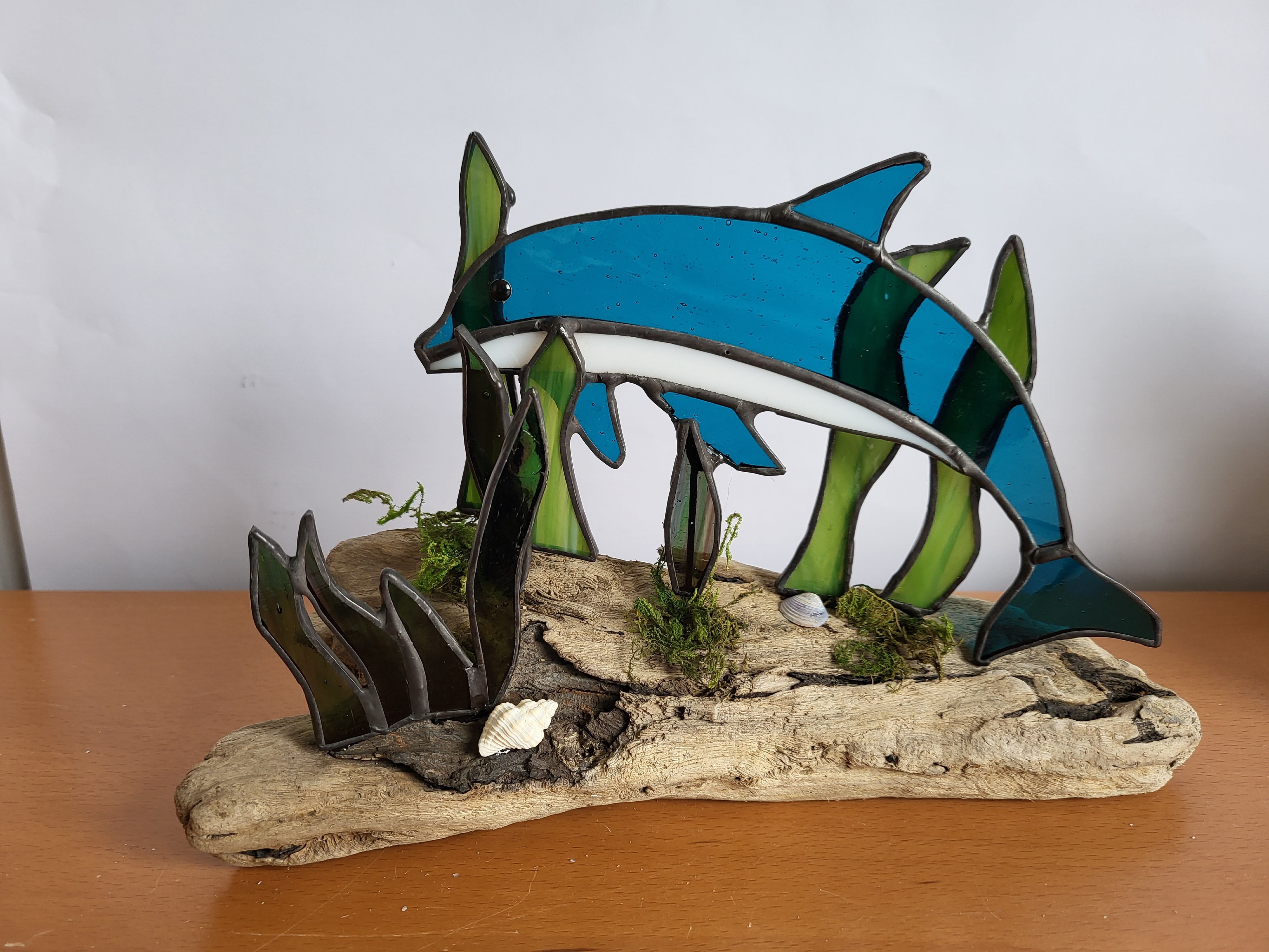Stained Glass Dolphin on driftwood 