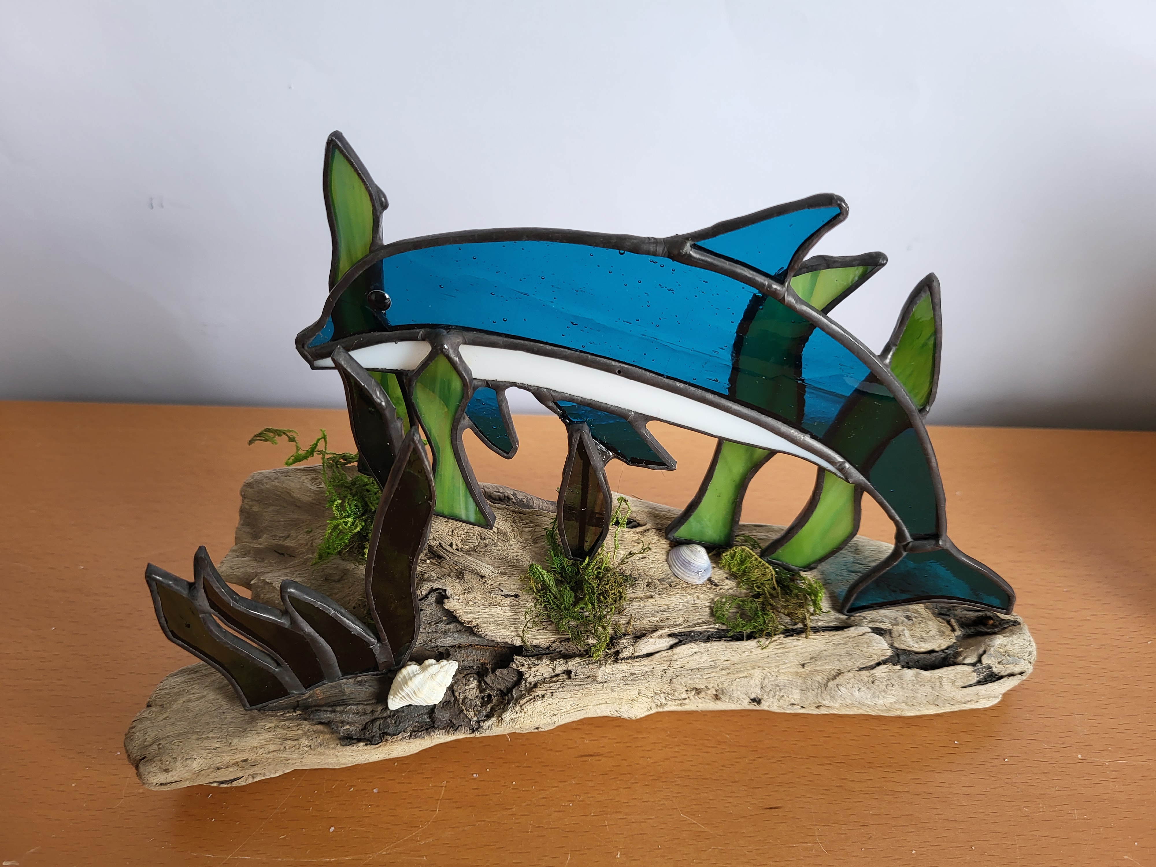 Stained Glass Dolphin on driftwood 