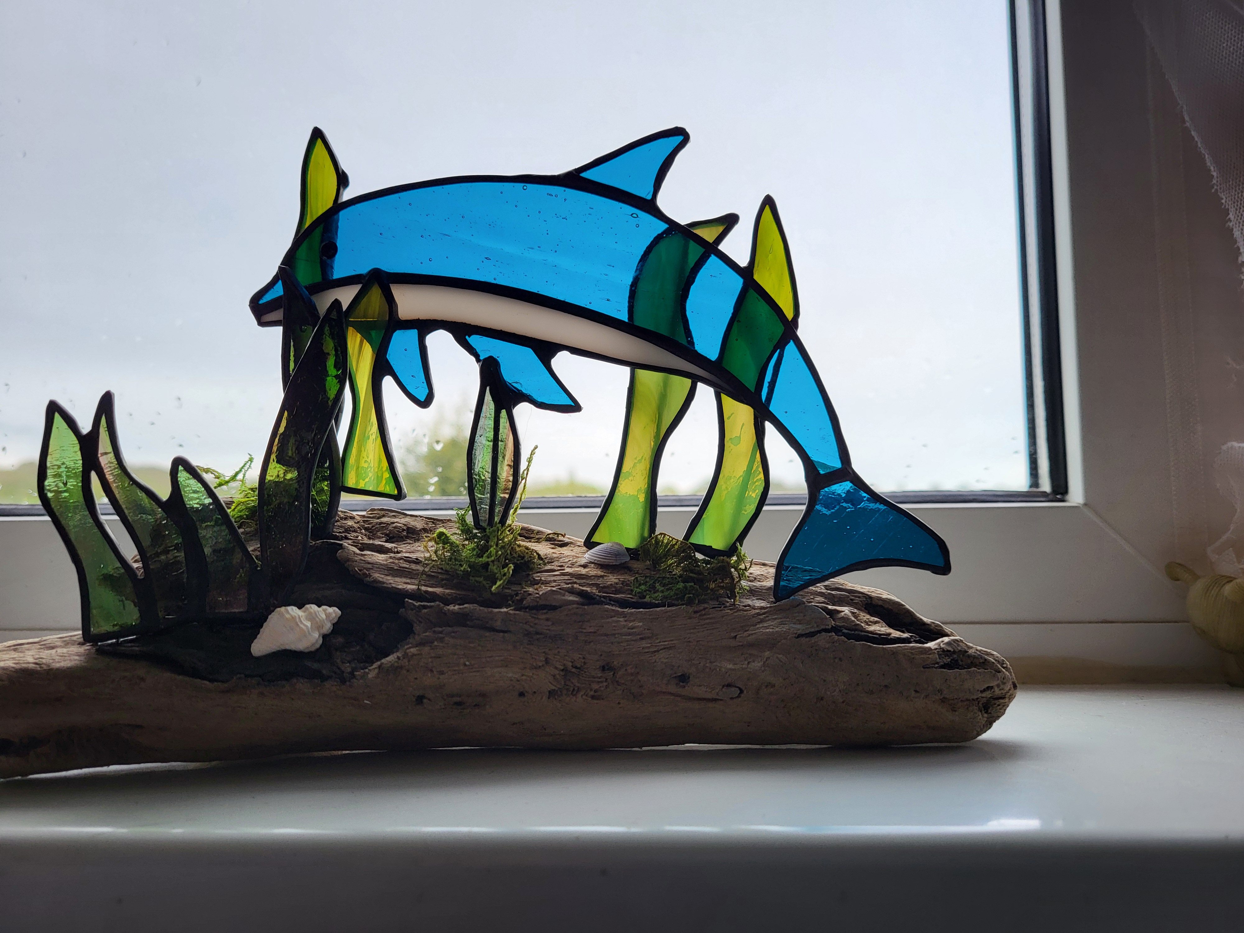 Stained Glass Dolphin on driftwood 