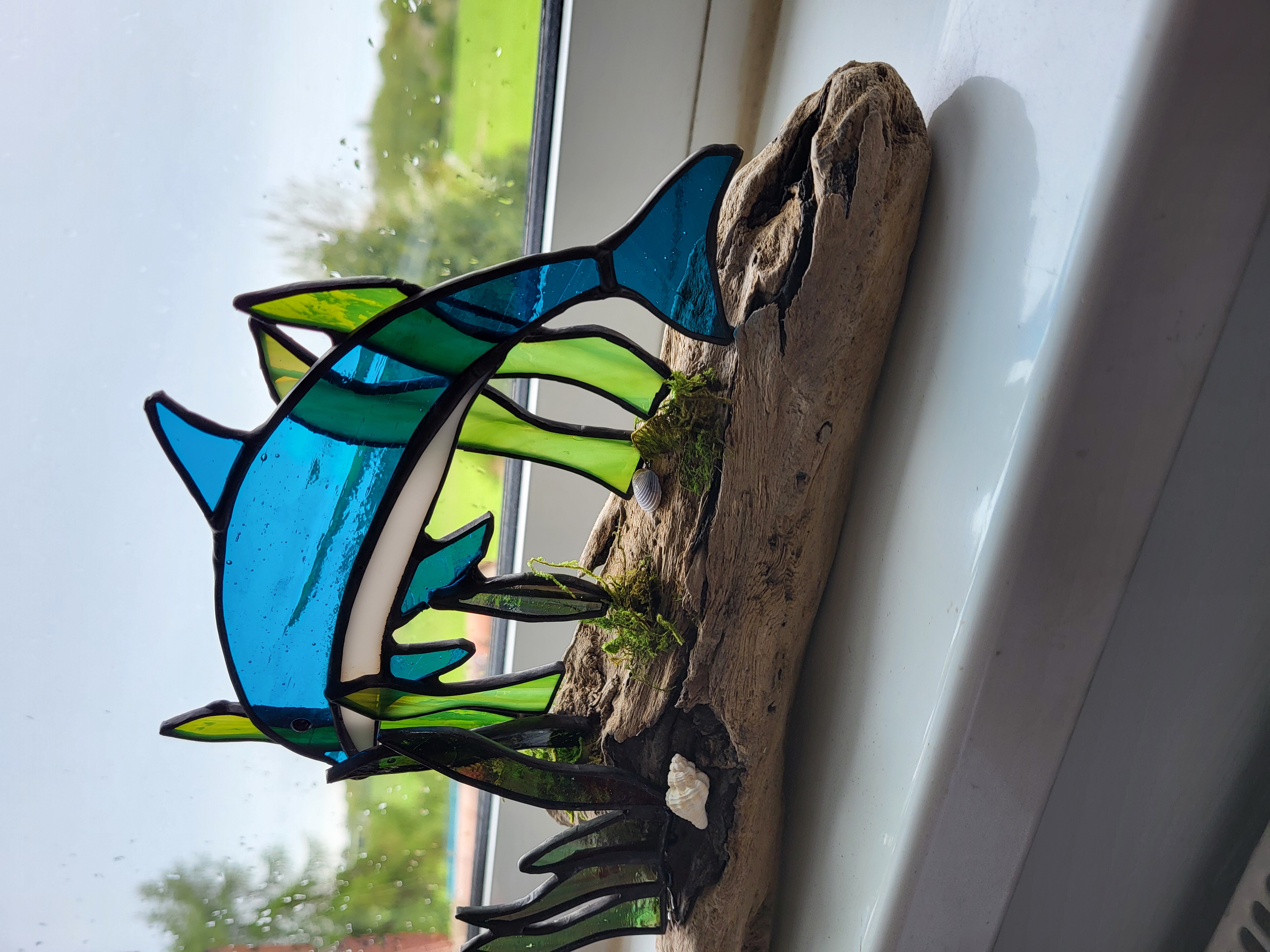 Stained Glass Dolphin on driftwood 