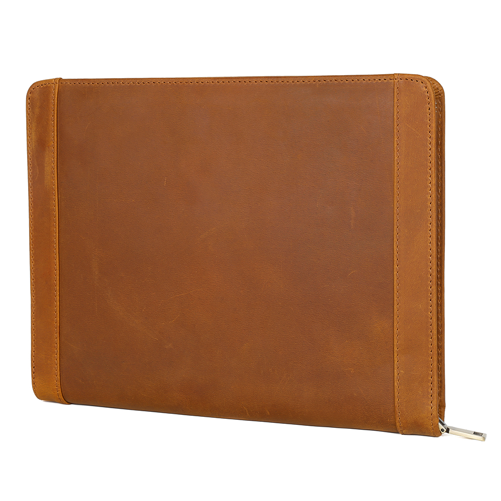 Genuine Leather Portfolio, Padfolio Organizer with Handle, Personalized Padfolio，Padfolio with Zipper for Men Women，Suitable for Laptop Legal Pad Padfolio, Brown