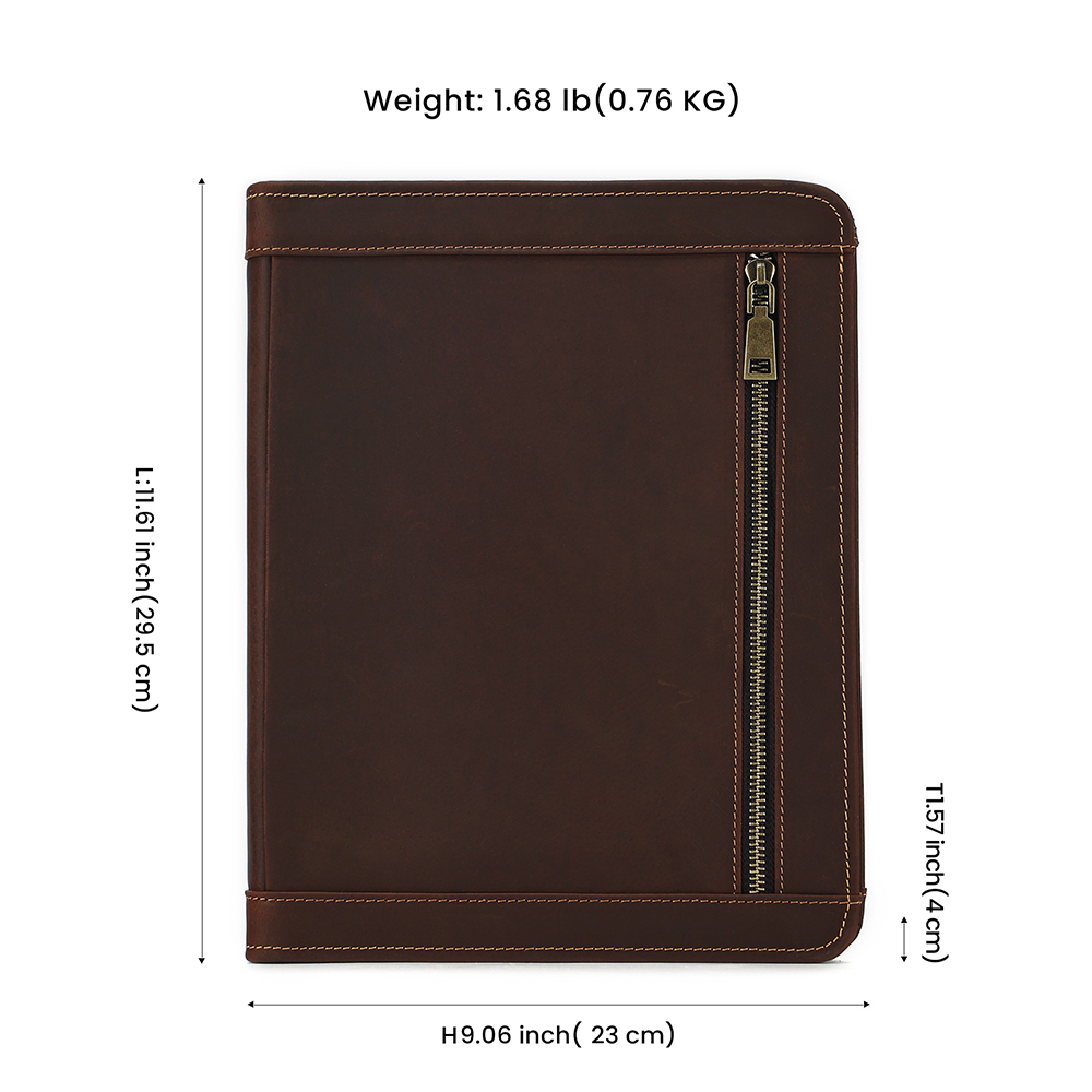 Leather Portfolio for Men - Full Grain Leather Padfolio Folder - Zipper Folio Documents Organizer - Professional Business Executive Gift for Men Women