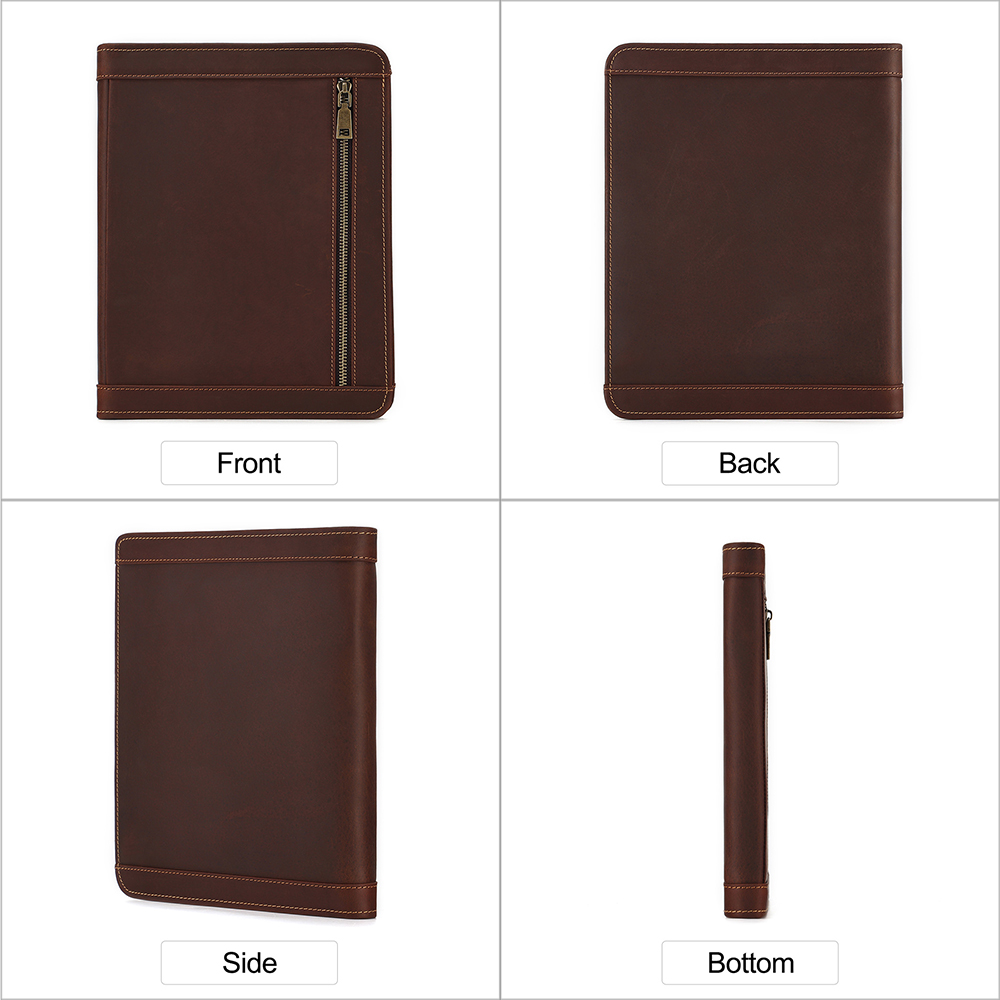 Leather Portfolio for Men - Full Grain Leather Padfolio Folder - Zipper Folio Documents Organizer - Professional Business Executive Gift for Men Women