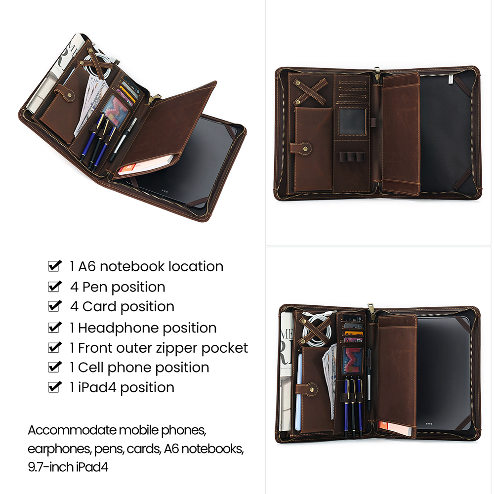 Leather Portfolio for Men - Full Grain Leather Padfolio Folder - Zipper Folio Documents Organizer - Professional Business Executive Gift for Men Women