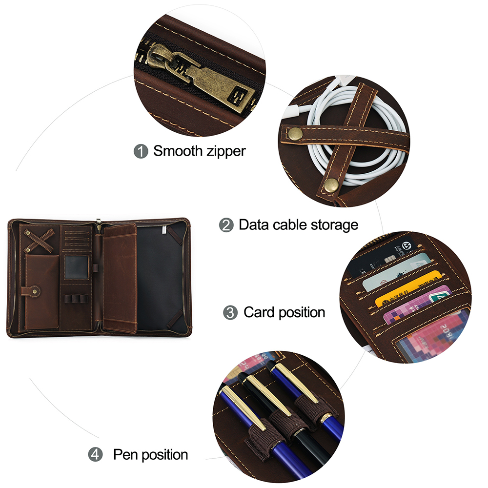 Leather Portfolio for Men - Full Grain Leather Padfolio Folder - Zipper Folio Documents Organizer - Professional Business Executive Gift for Men Women