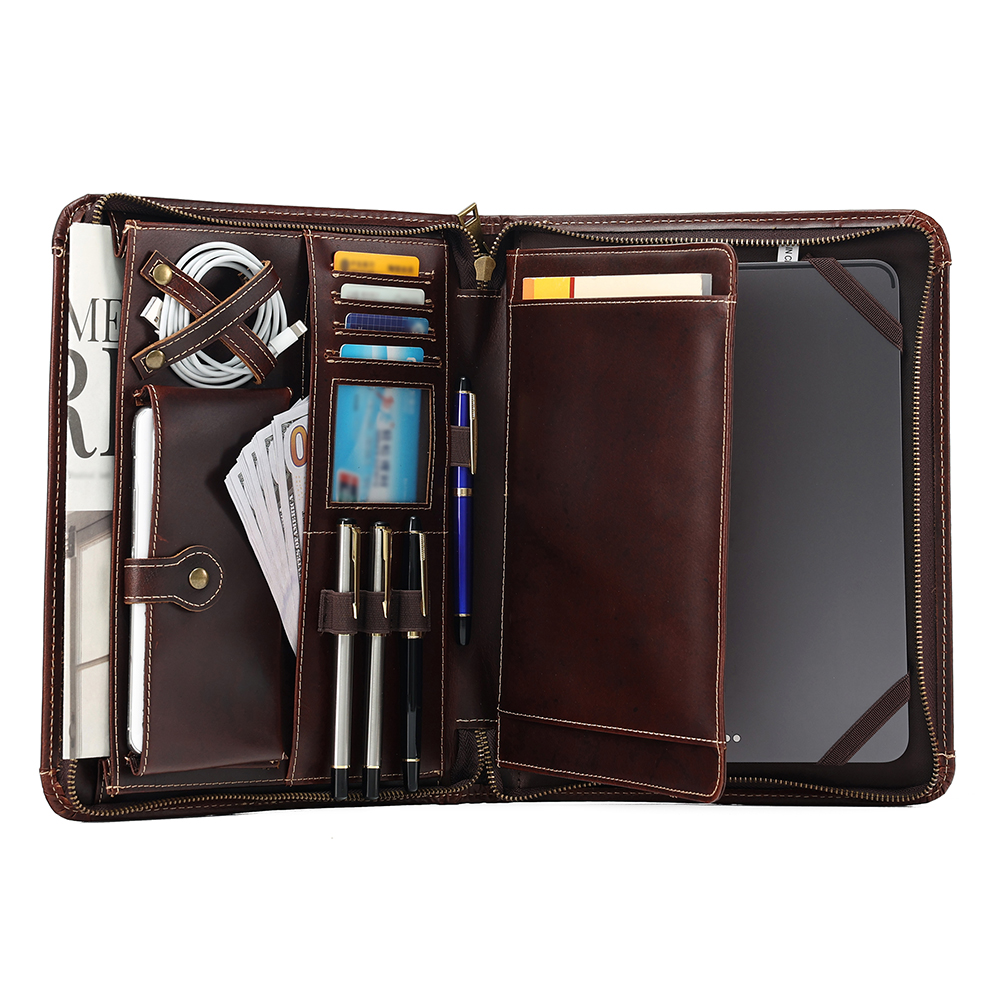 Leather Portfolio with handle, Lightweight Carrying Case with Pocket fits up to 15-inch Laptop, with Legal Pad holder, Zippered Padfolio Folder Organizer