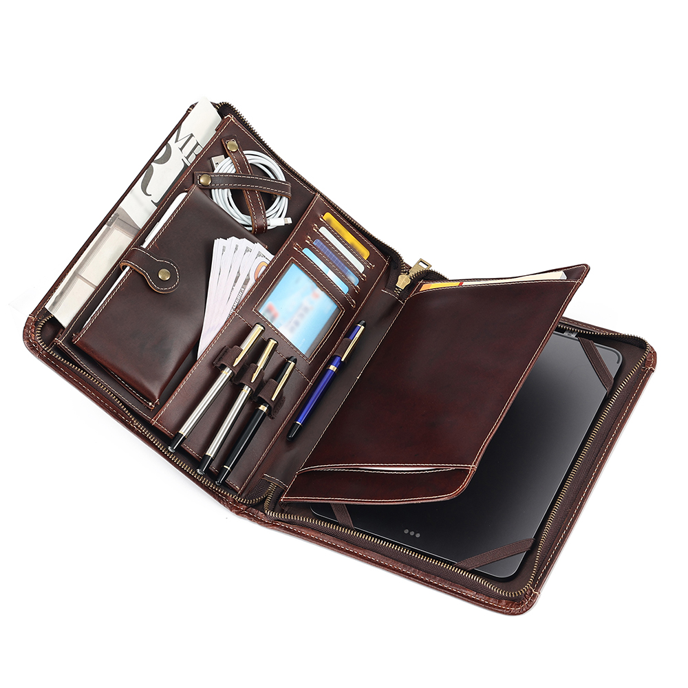 Leather Portfolio with handle, Lightweight Carrying Case with Pocket fits up to 15-inch Laptop, with Legal Pad holder, Zippered Padfolio Folder Organizer