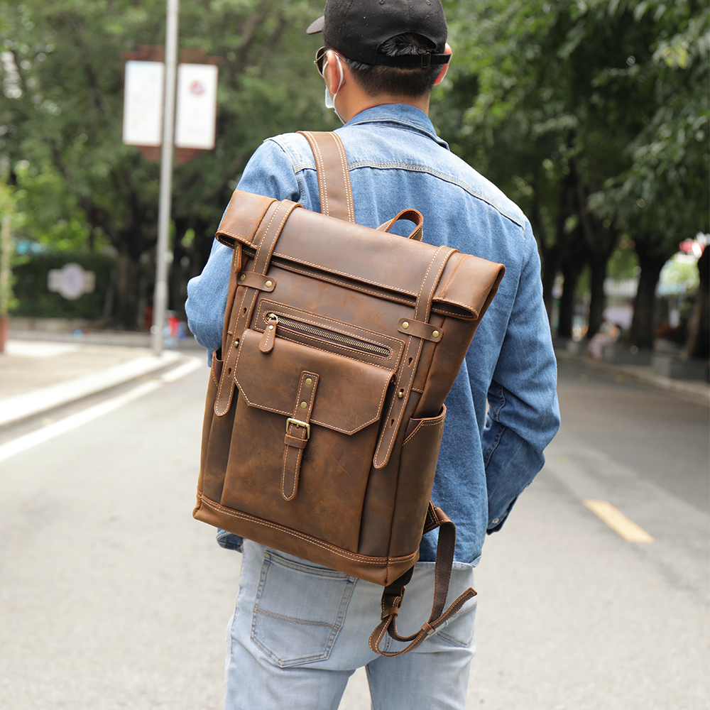 Durable Crazy Horse Leather Men’s Backpack - Classic Western Cowboy Style