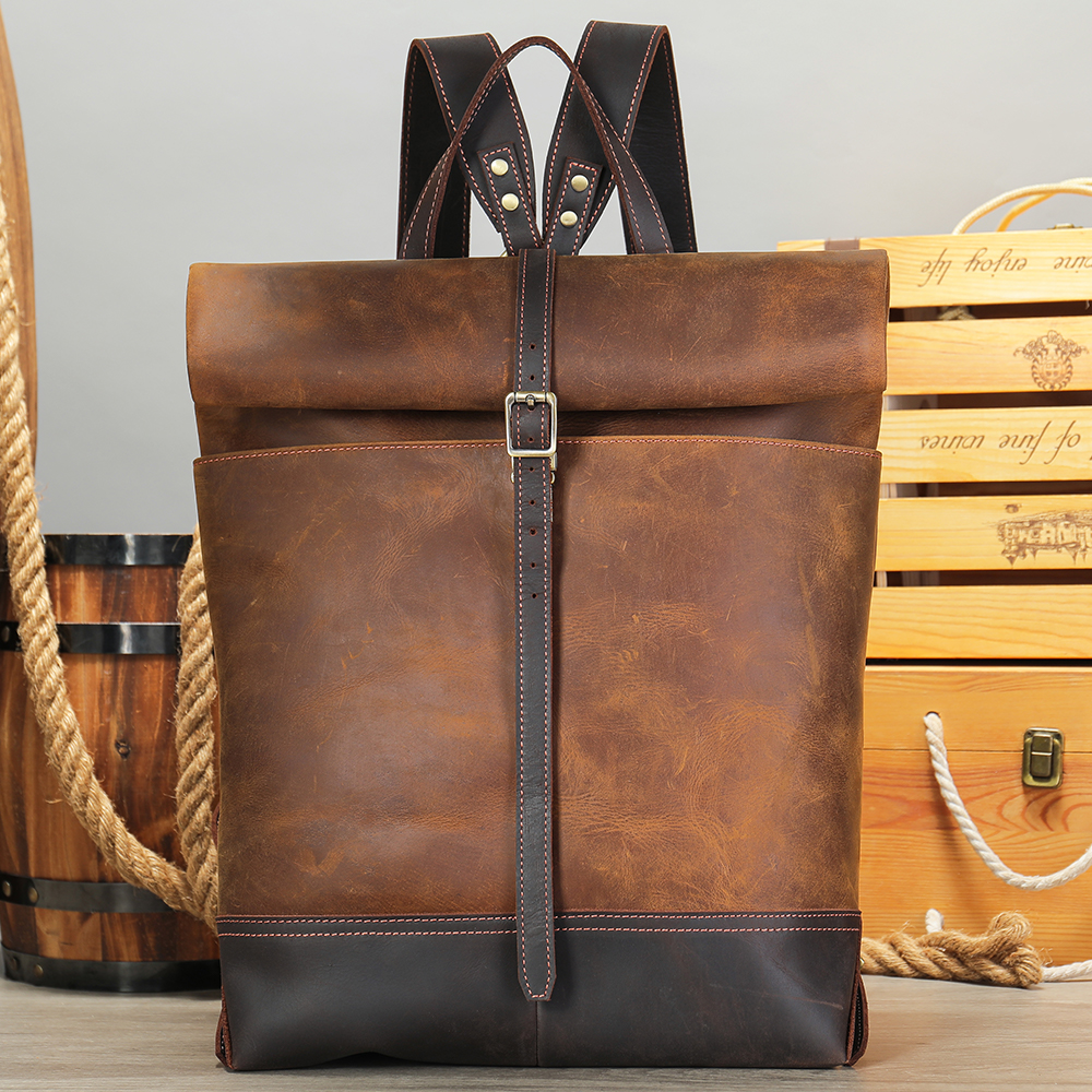 Durable Crazy Horse Leather Men’s Backpack - Classic Western Cowboy Style
