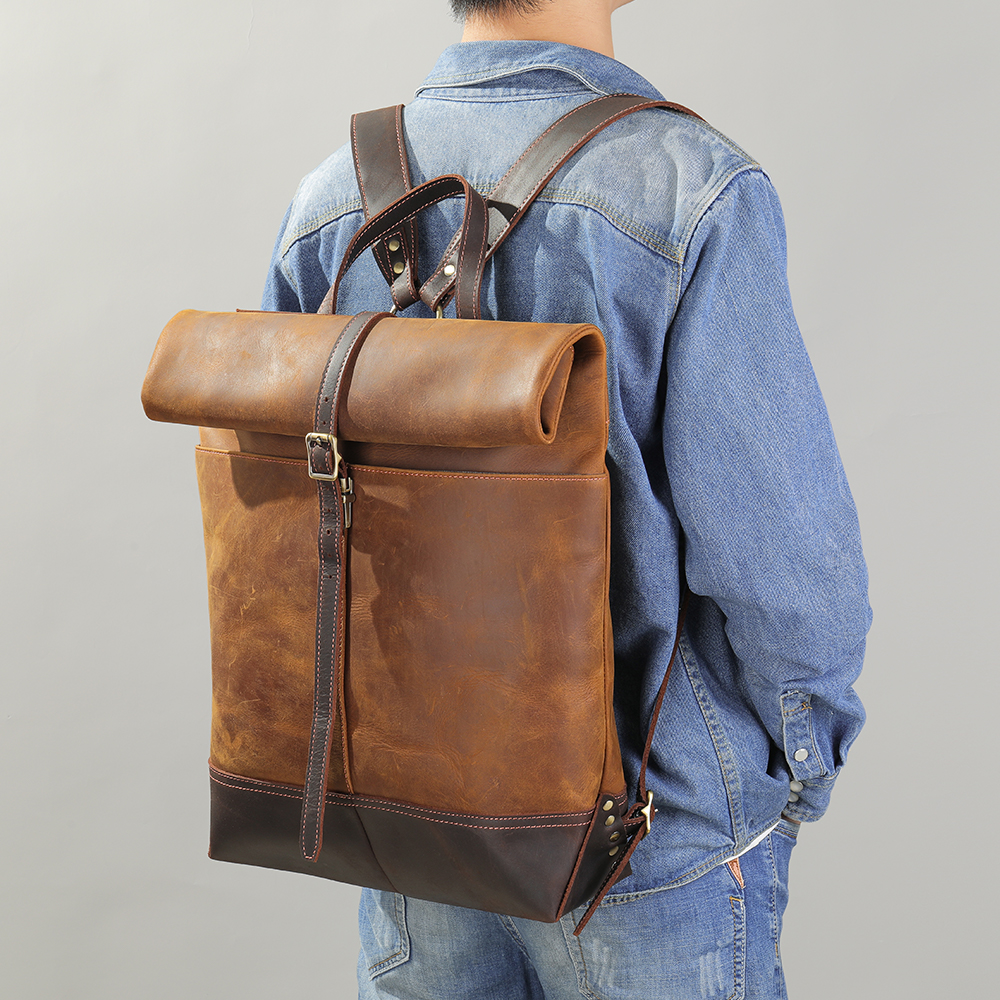 Durable Crazy Horse Leather Men’s Backpack - Classic Western Cowboy Style