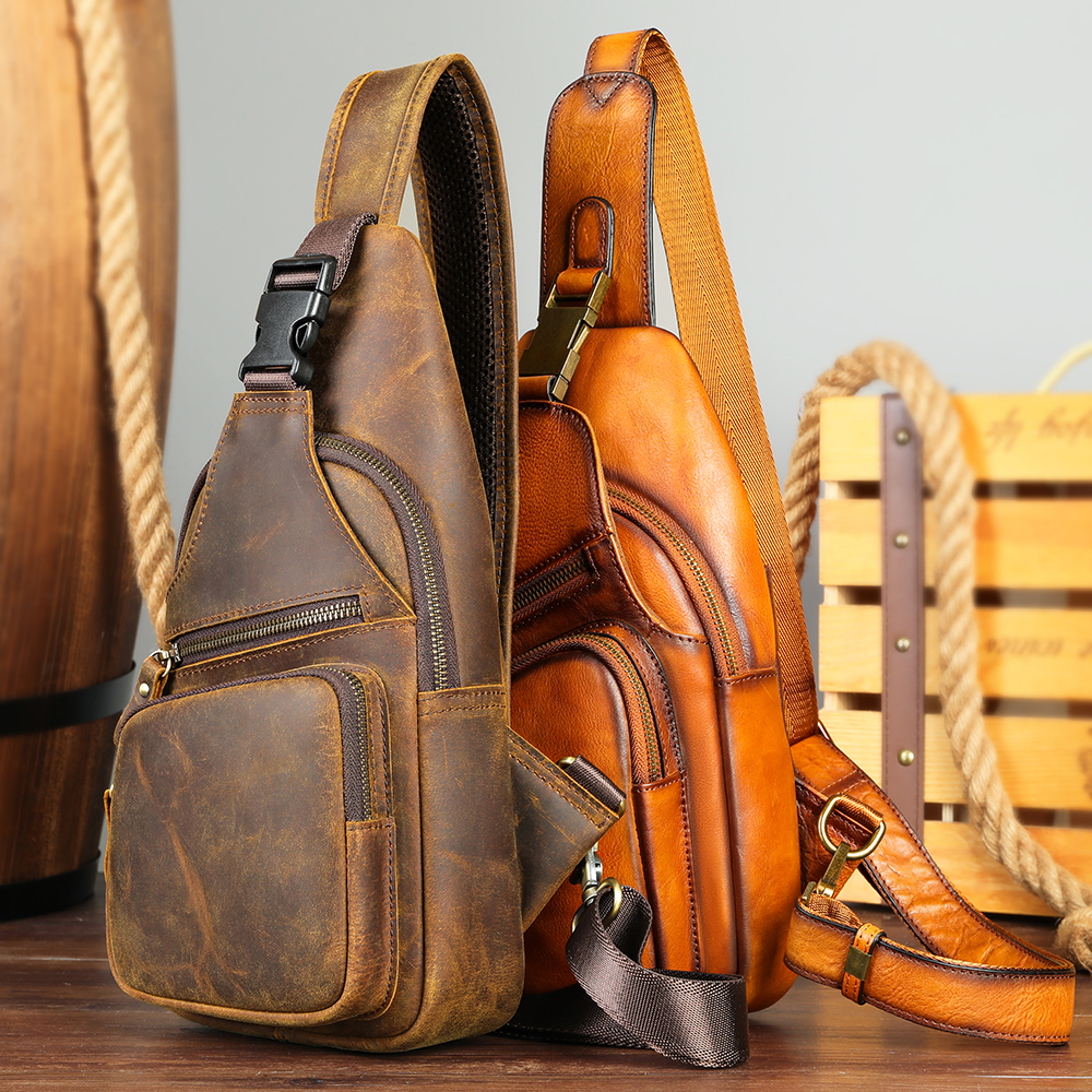 Premium Crazy Horse Leather Men's Chest Bag - Rugged Elegance