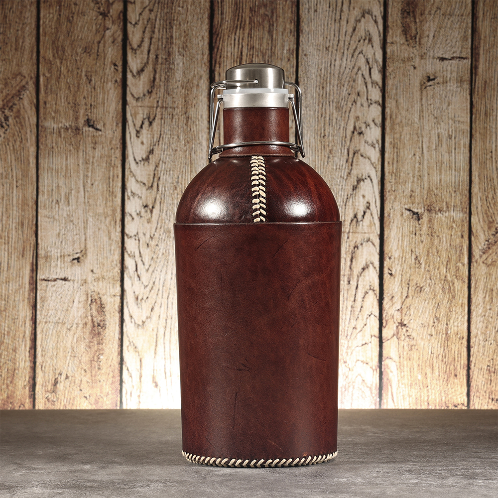 Handmade Custom 3500ml Genuine Leather Hip Flask Stainless Steel Wine and Whisky Pot for Men for Outdoor Camping
