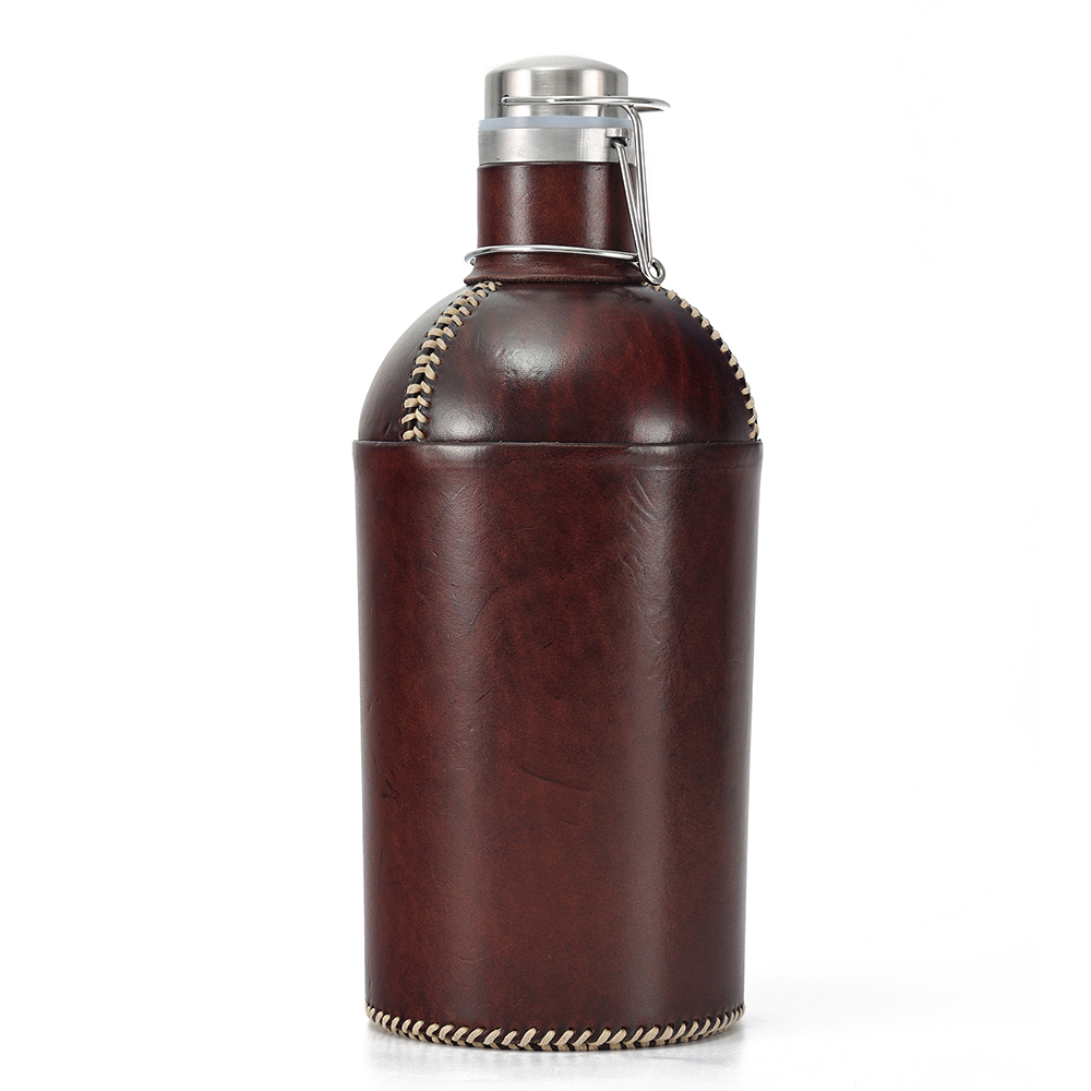 Handmade Custom 3500ml Genuine Leather Hip Flask Stainless Steel Wine and Whisky Pot for Men for Outdoor Camping