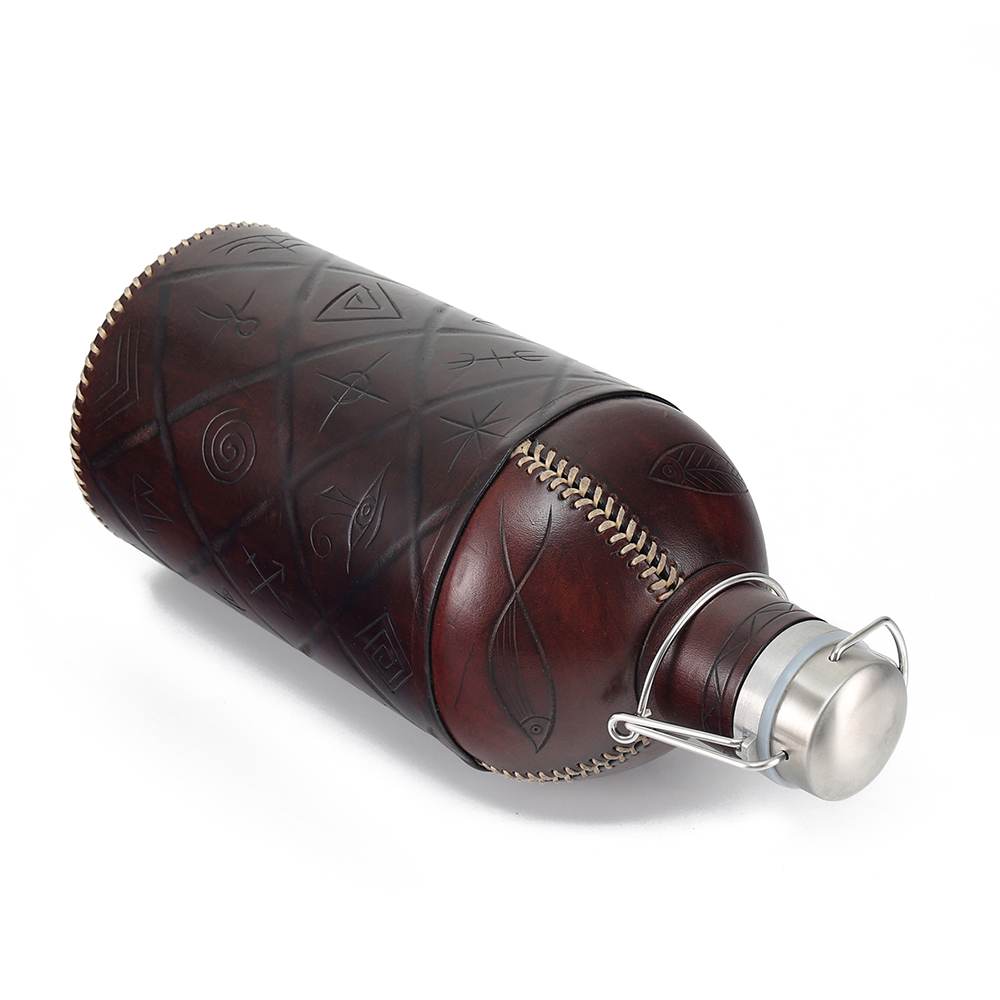 Handmade Custom 3500ml Genuine Leather Hip Flask Stainless Steel Wine and Whisky Pot for Men for Outdoor Camping