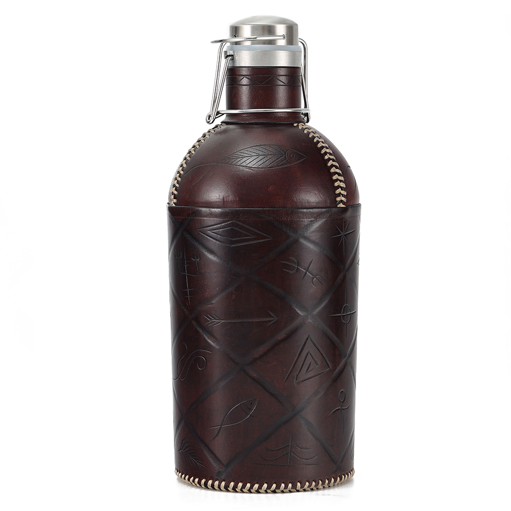 Handmade Custom 3500ml Genuine Leather Hip Flask Stainless Steel Wine and Whisky Pot for Men for Outdoor Camping