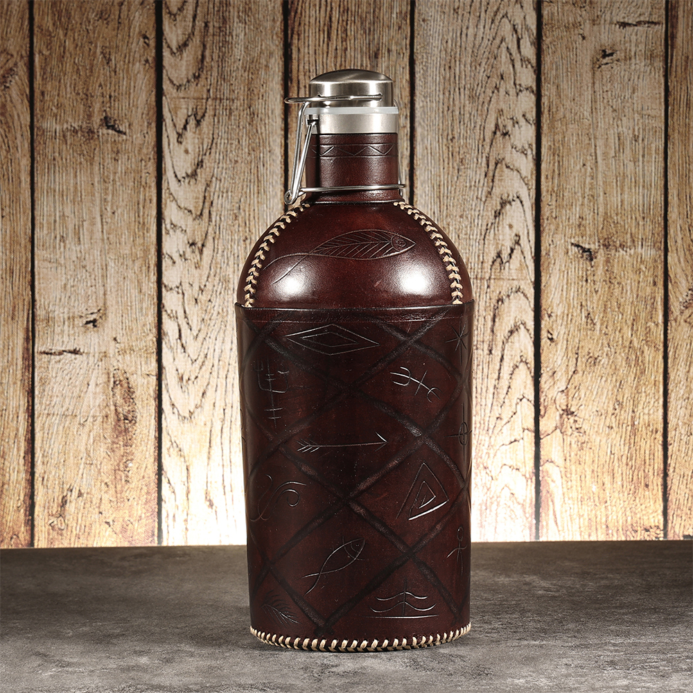 Handmade Custom 3500ml Genuine Leather Hip Flask Stainless Steel Wine and Whisky Pot for Men for Outdoor Camping