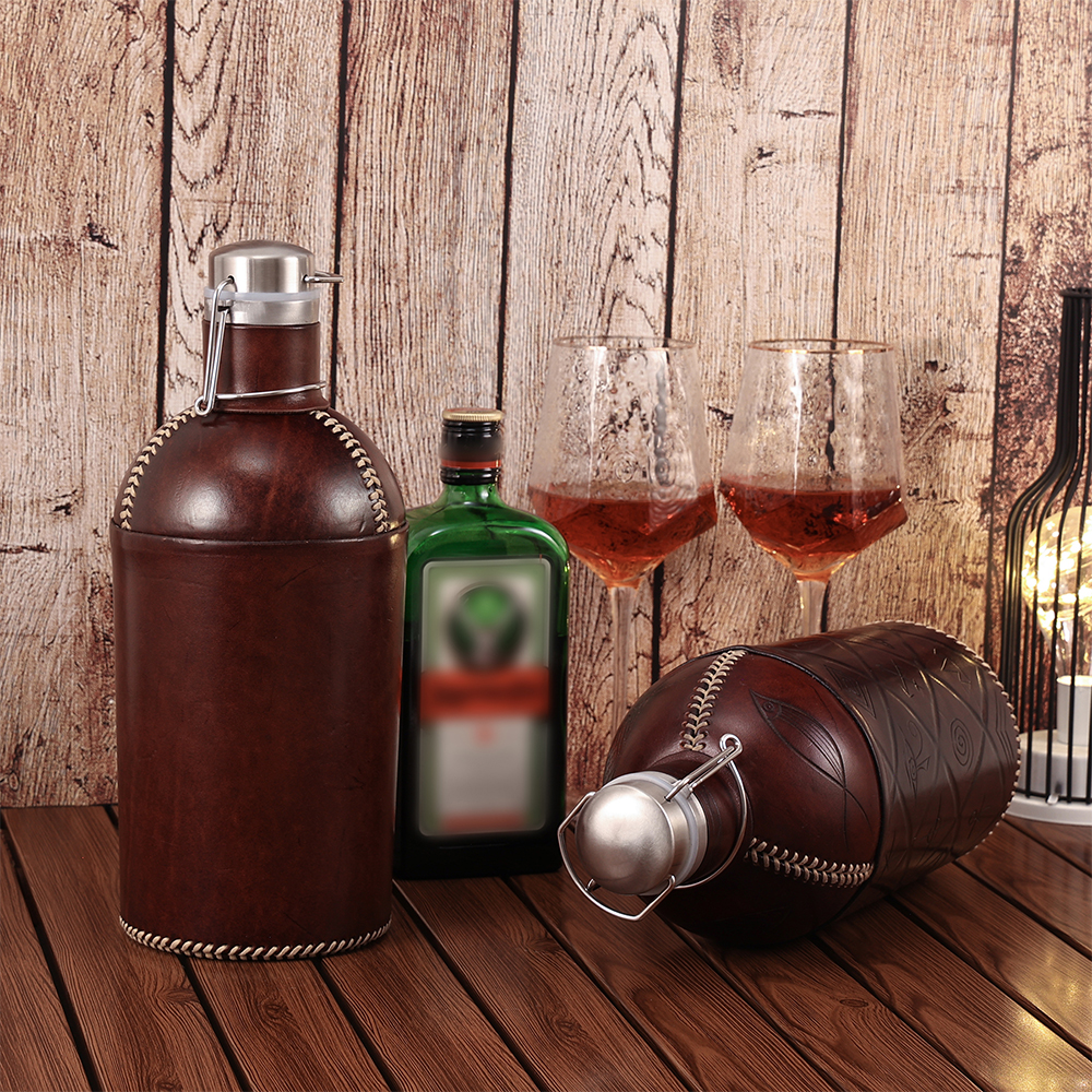 Handmade Custom 3500ml Genuine Leather Hip Flask Stainless Steel Wine and Whisky Pot for Men for Outdoor Camping