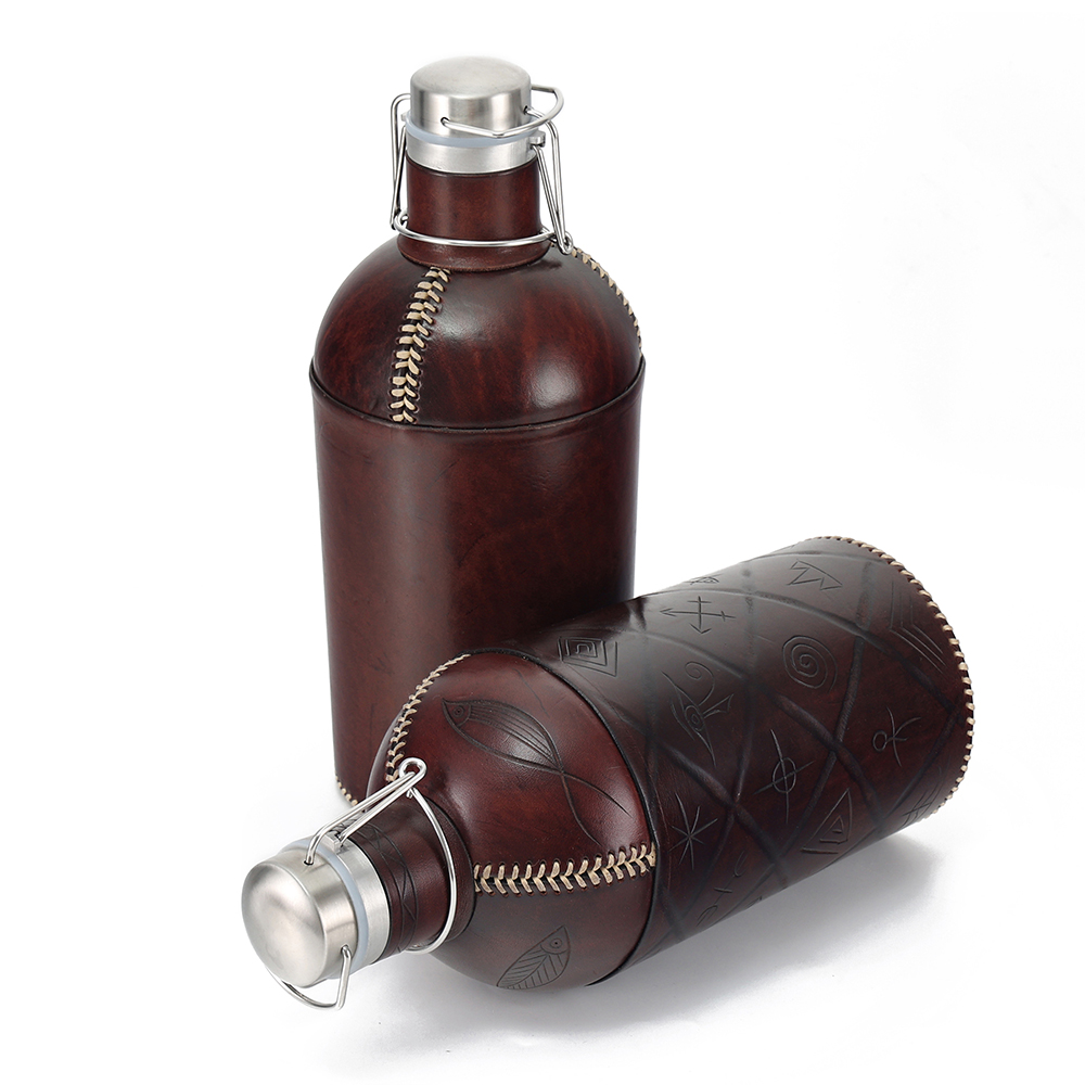 Handmade Custom 3500ml Genuine Leather Hip Flask Stainless Steel Wine and Whisky Pot for Men for Outdoor Camping