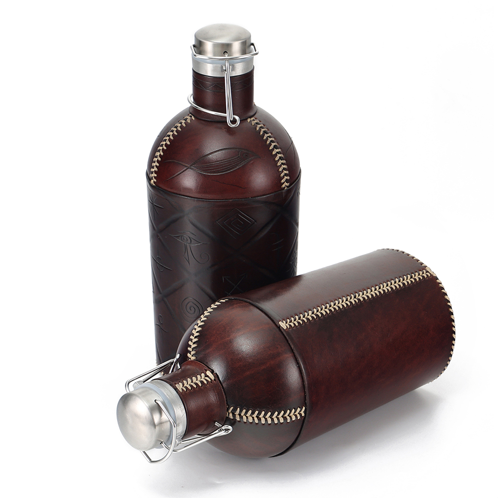 Handmade Custom 3500ml Genuine Leather Hip Flask Stainless Steel Wine and Whisky Pot for Men for Outdoor Camping