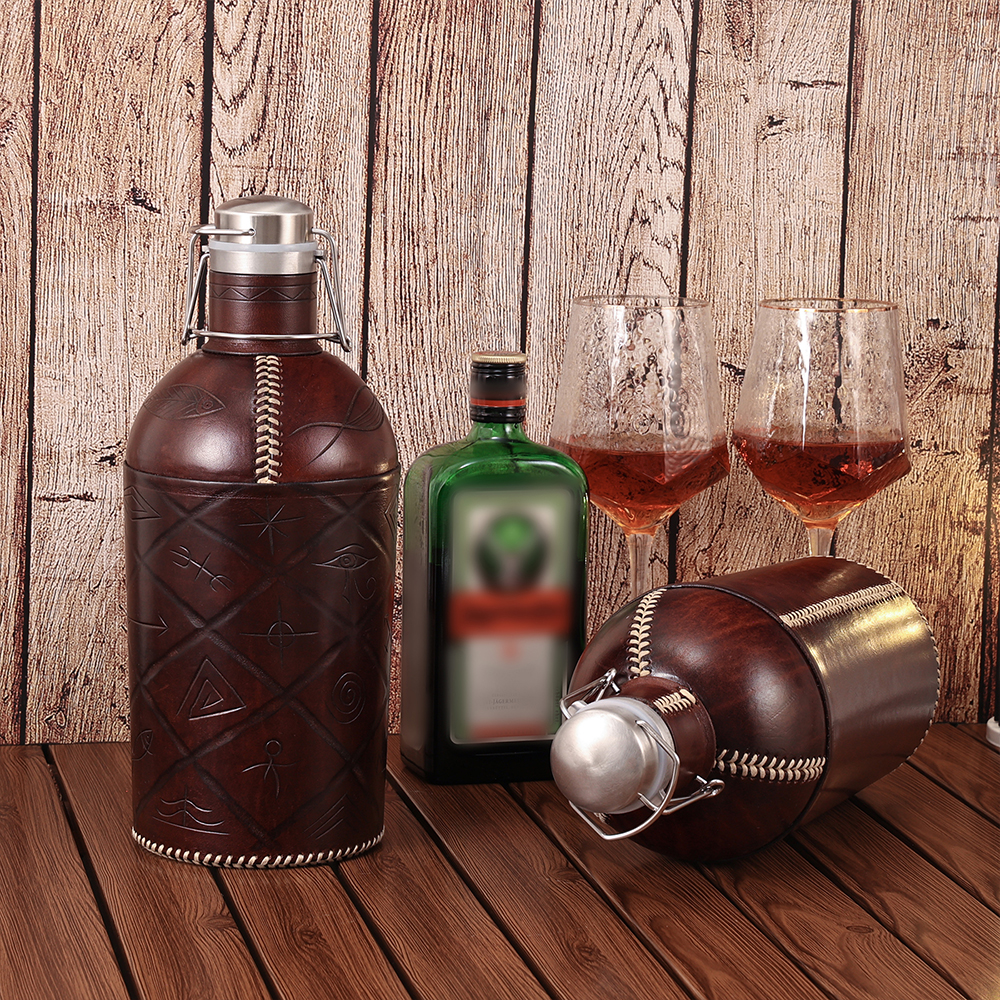 Handmade Custom 3500ml Genuine Leather Hip Flask Stainless Steel Wine and Whisky Pot for Men for Outdoor Camping