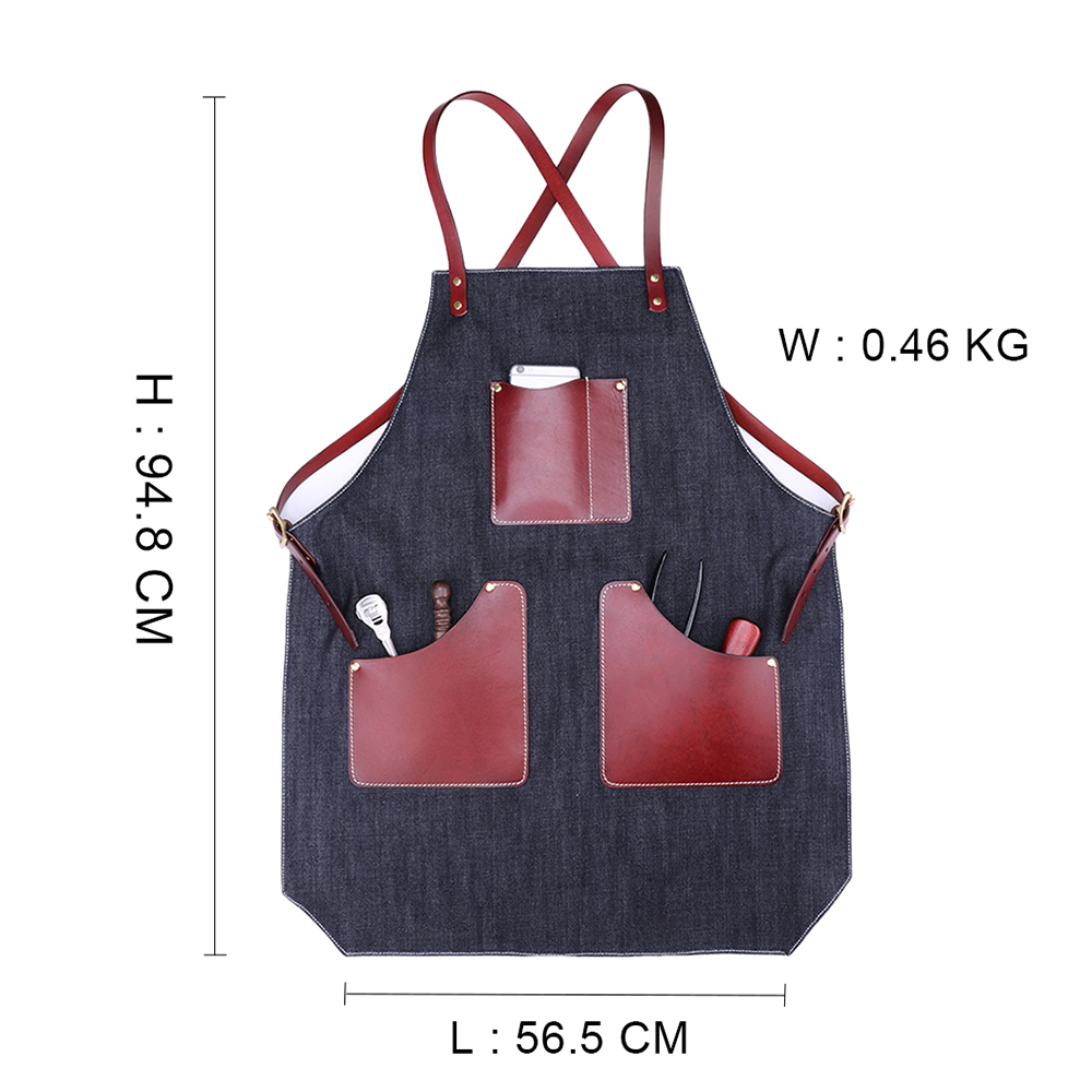 Custom Print Logo Genuine Leather Cross Back Apron with Two Pockets Adjustable Cooking Kitchen Apron