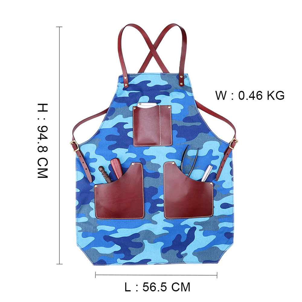 Custom Print Logo Genuine Leather Cross Back Apron with Two Pockets Adjustable Cooking Kitchen Apron