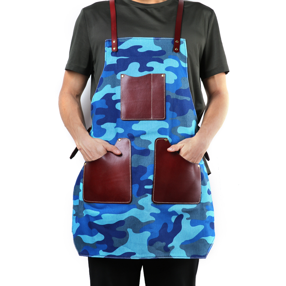 Custom Print Logo Genuine Leather Cross Back Apron with Two Pockets Adjustable Cooking Kitchen Apron