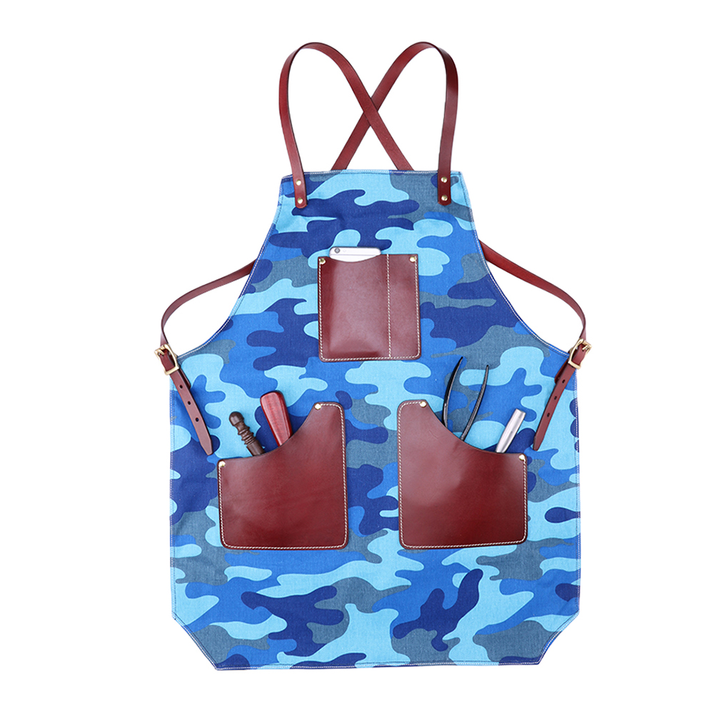 Custom Print Logo Genuine Leather Cross Back Apron with Two Pockets Adjustable Cooking Kitchen Apron