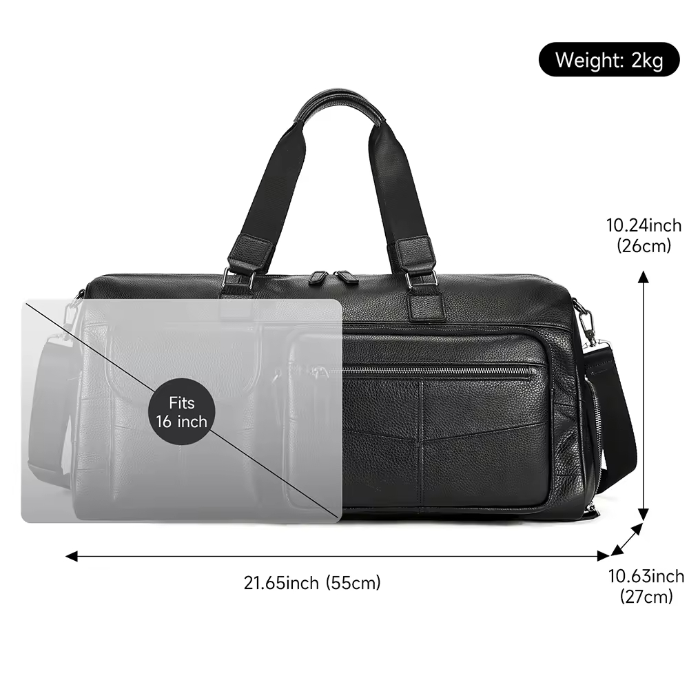 Black Leather Travel Duffel Bag